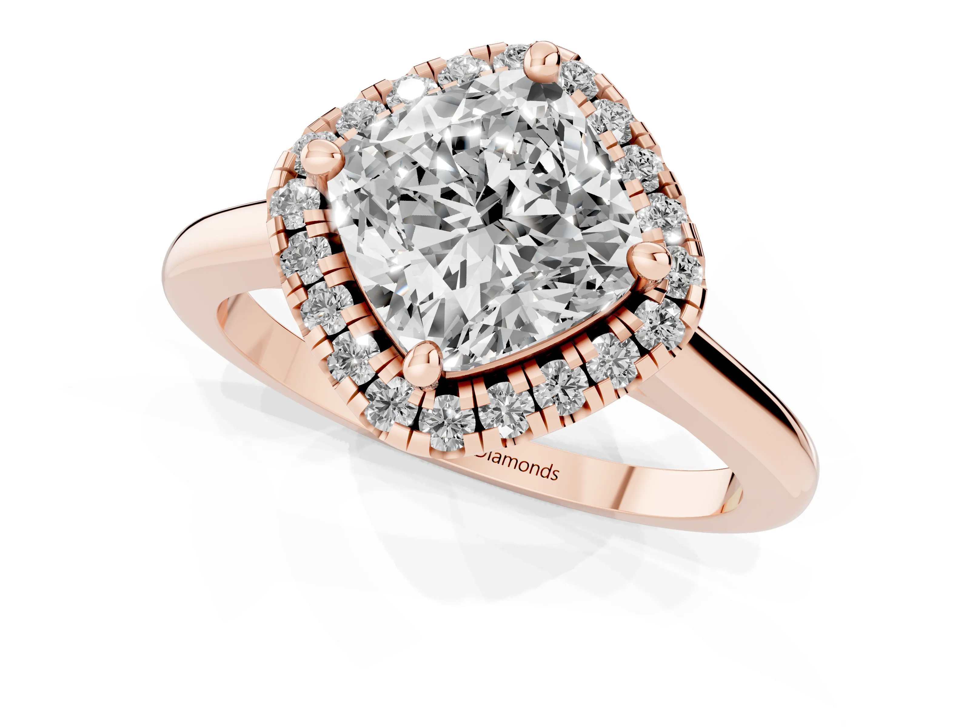 Cushion Cut Diamond Halo Engagement Ring Set in Rose gold with Pavé Band and Rising Shoulders