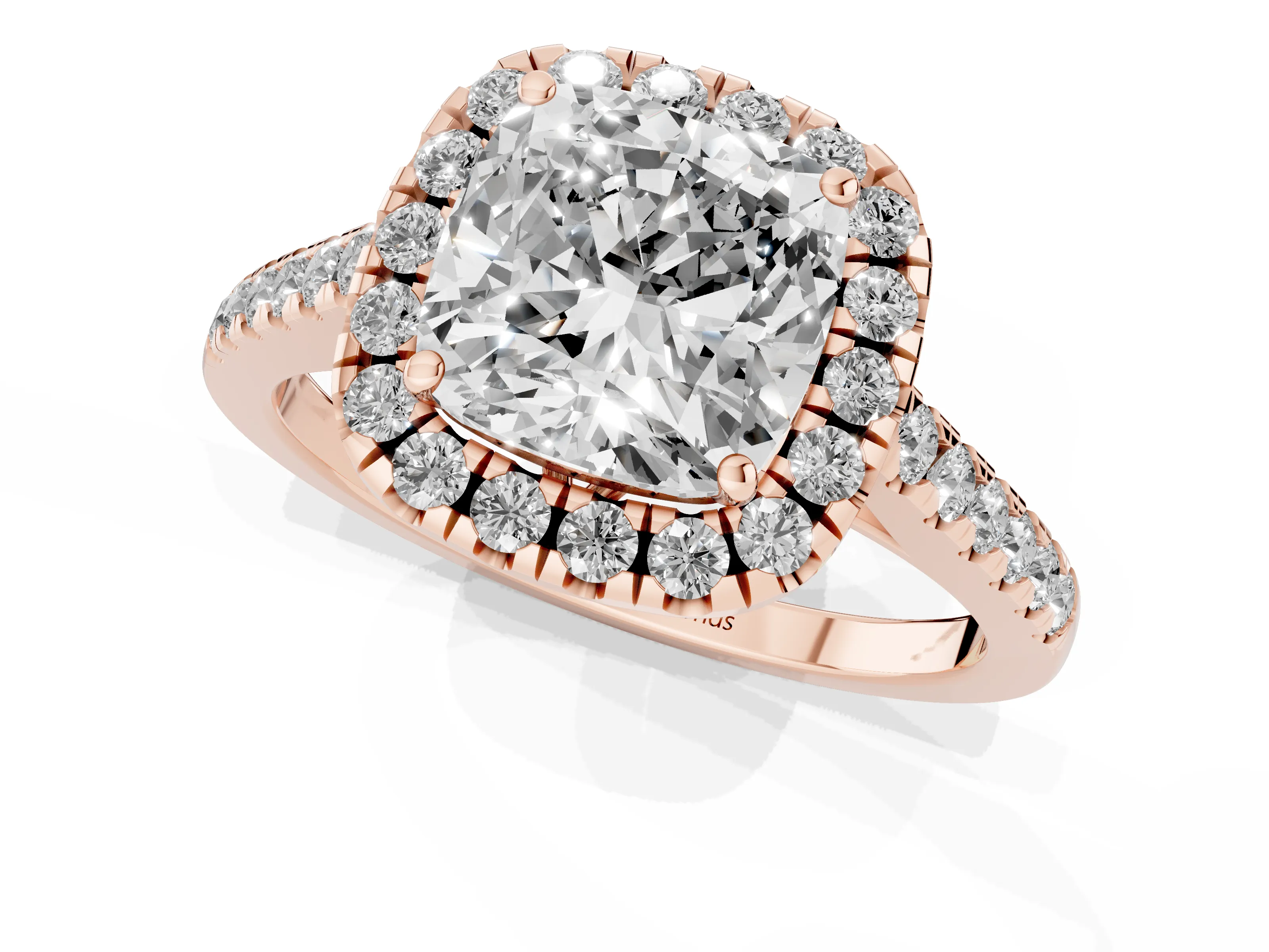 Cushion Cut Diamond Pavé Halo Engagement Ring Set in Rose gold with Pavé Band and Prong Setting