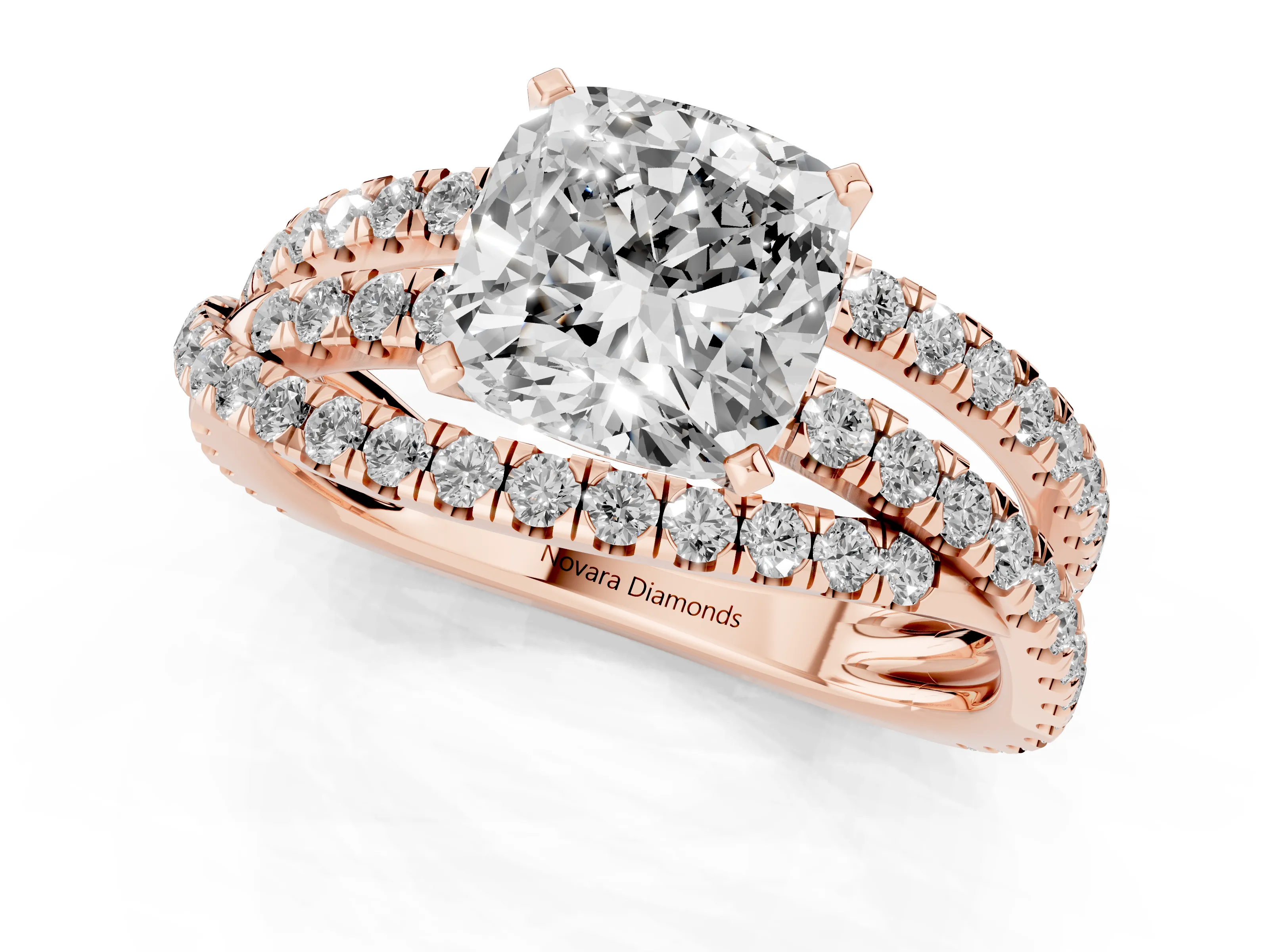 Cushion Cut Diamond Solitaire Twist Band Ring Set in Rose gold with Pavé Setting and Prong Head