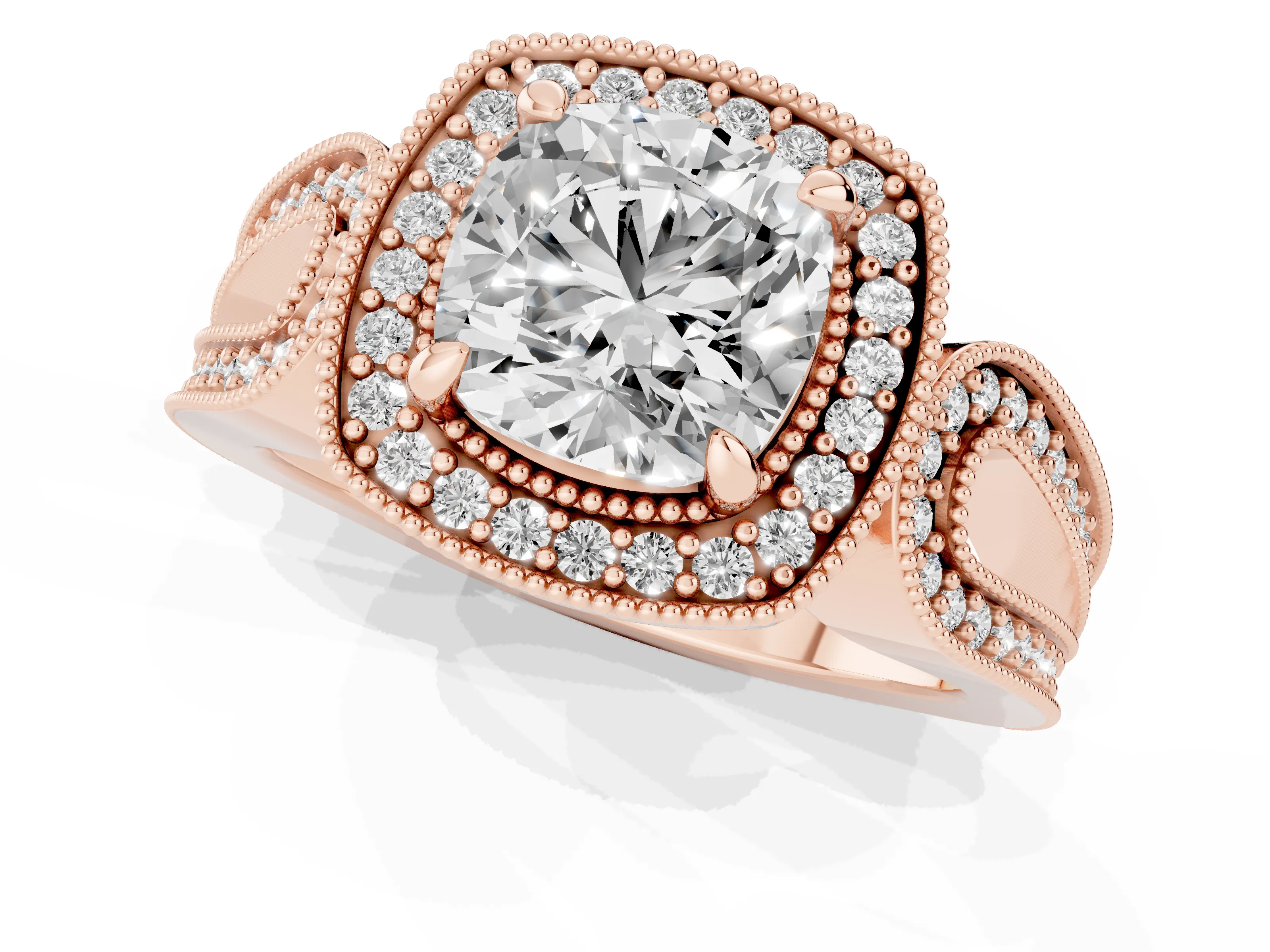 Cushion Cut Diamond Halo Ring Set in Rose gold with Milgrain Accent Split Shank