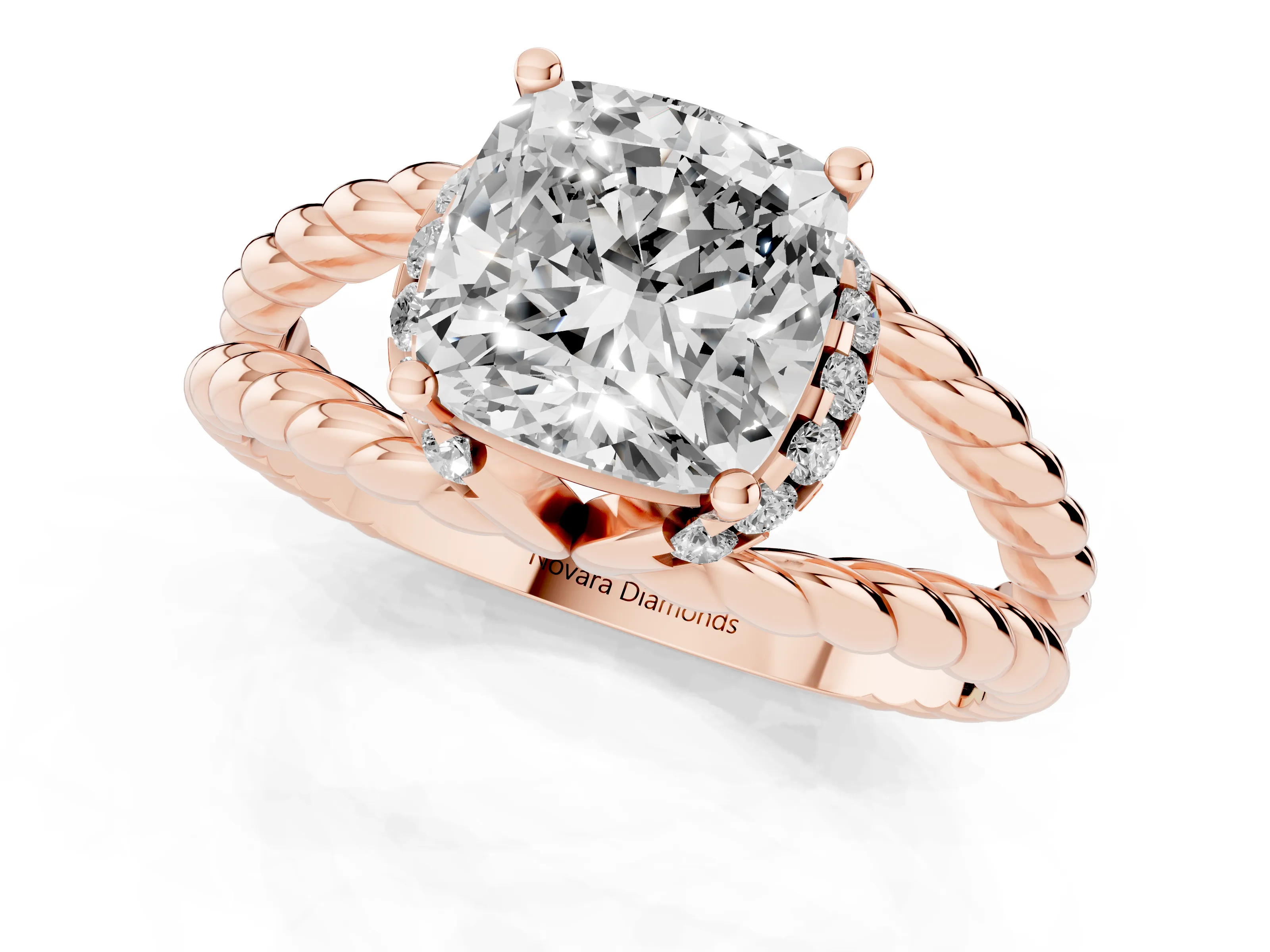 Cushion Cut Diamond Halo Ring Set in Rose gold with Twisted Band and Prong Setting