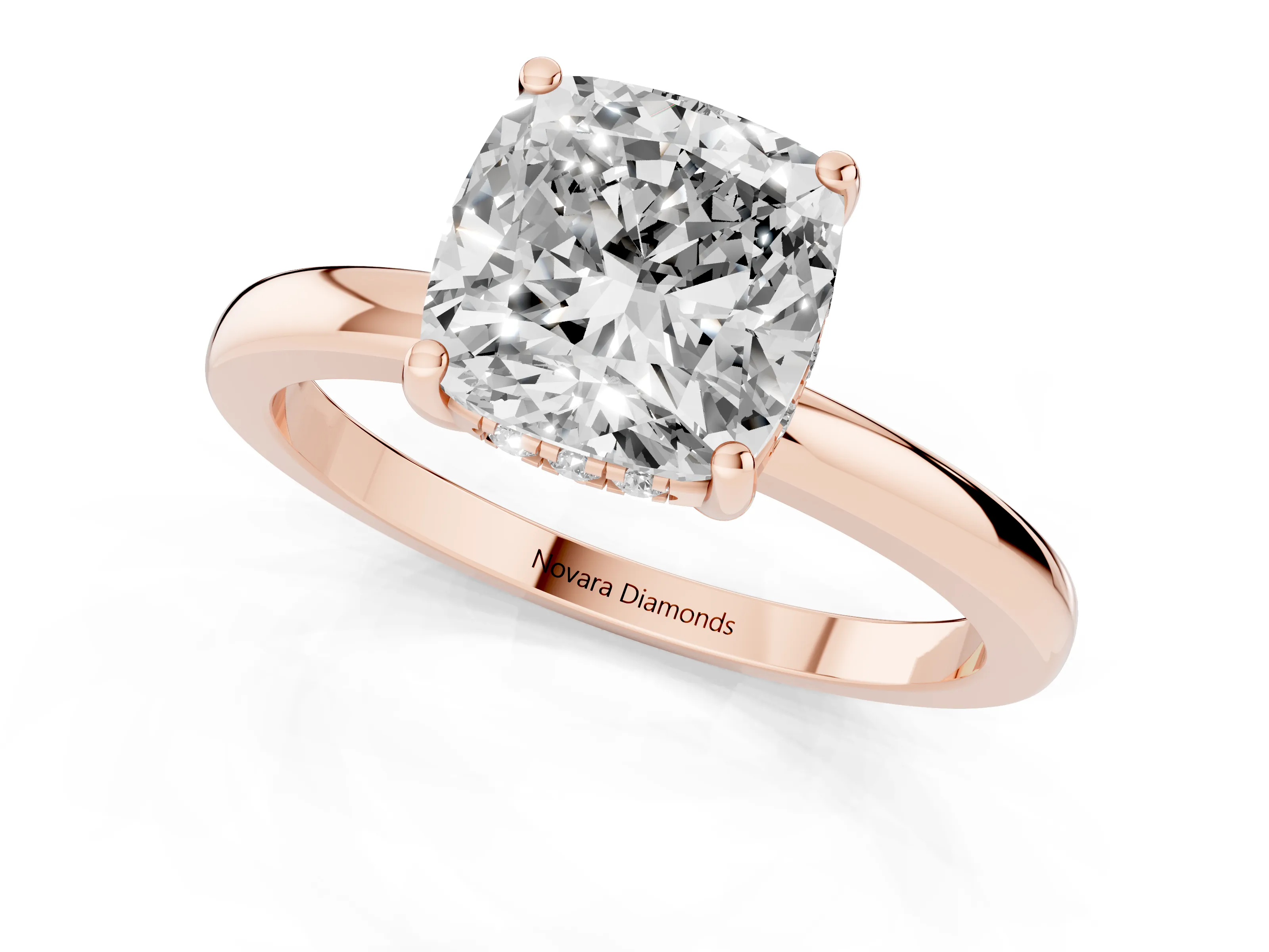 Cushion Cut Diamond Solitaire Ring Set in Rose gold with Plain Band and Prong Setting