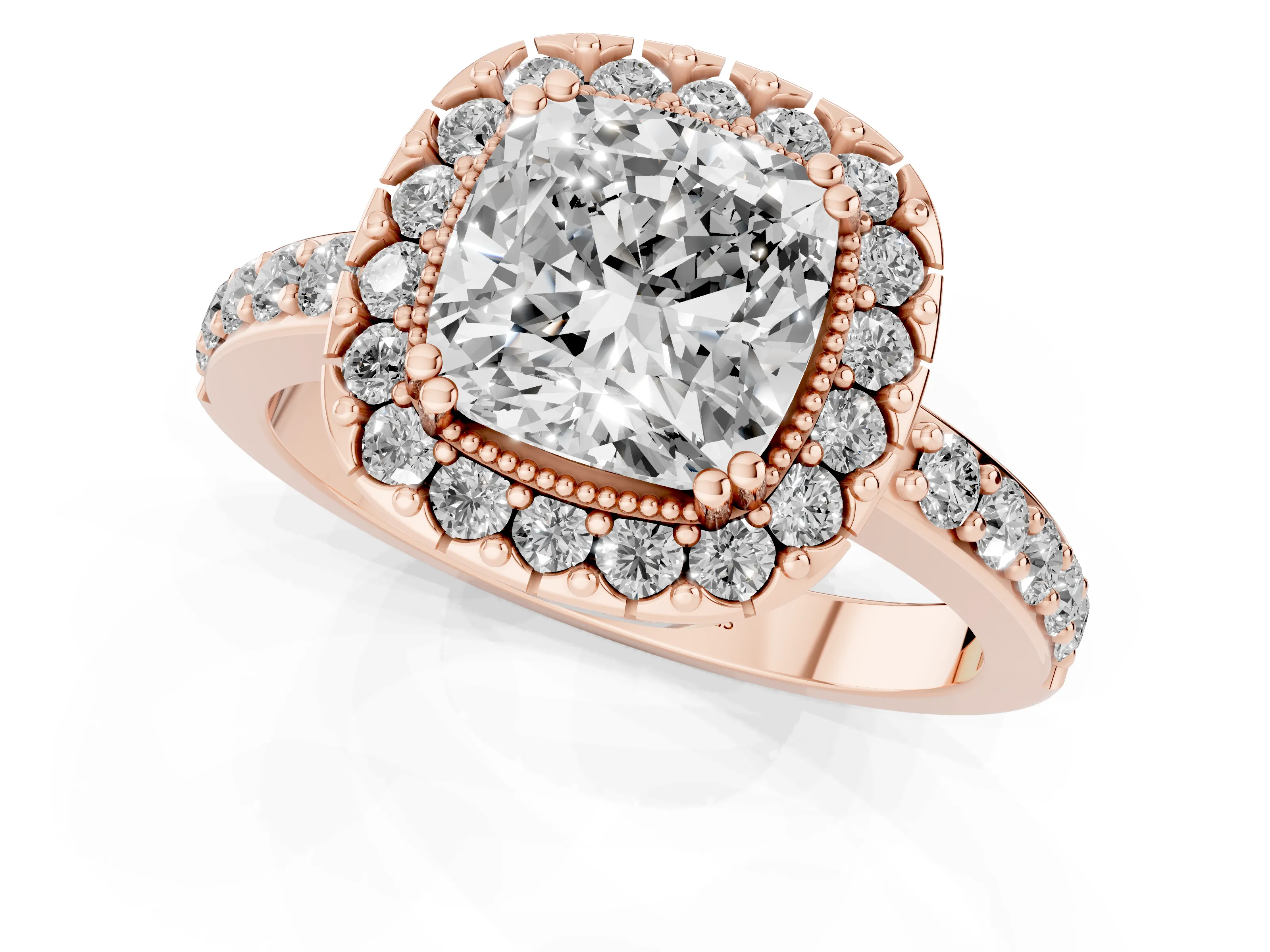 Cushion Cut Diamond Halo Ring Set in Rose gold with Pavé Shank and Prong Setting