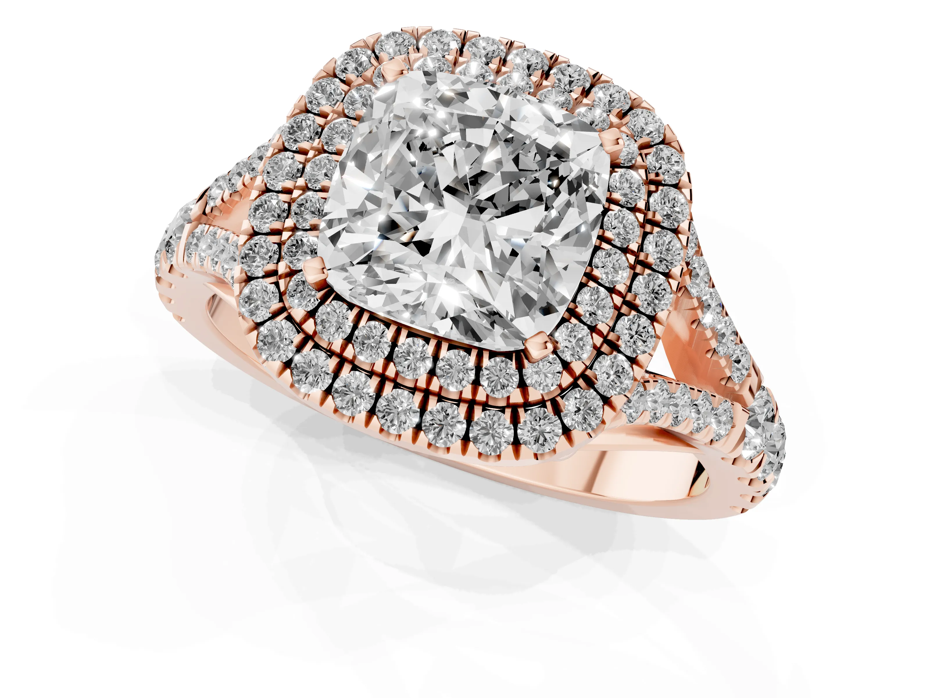 Cushion Cut Diamond Pavé Split Shank Double Halo Engagement Ring Set in Rose gold – second view
