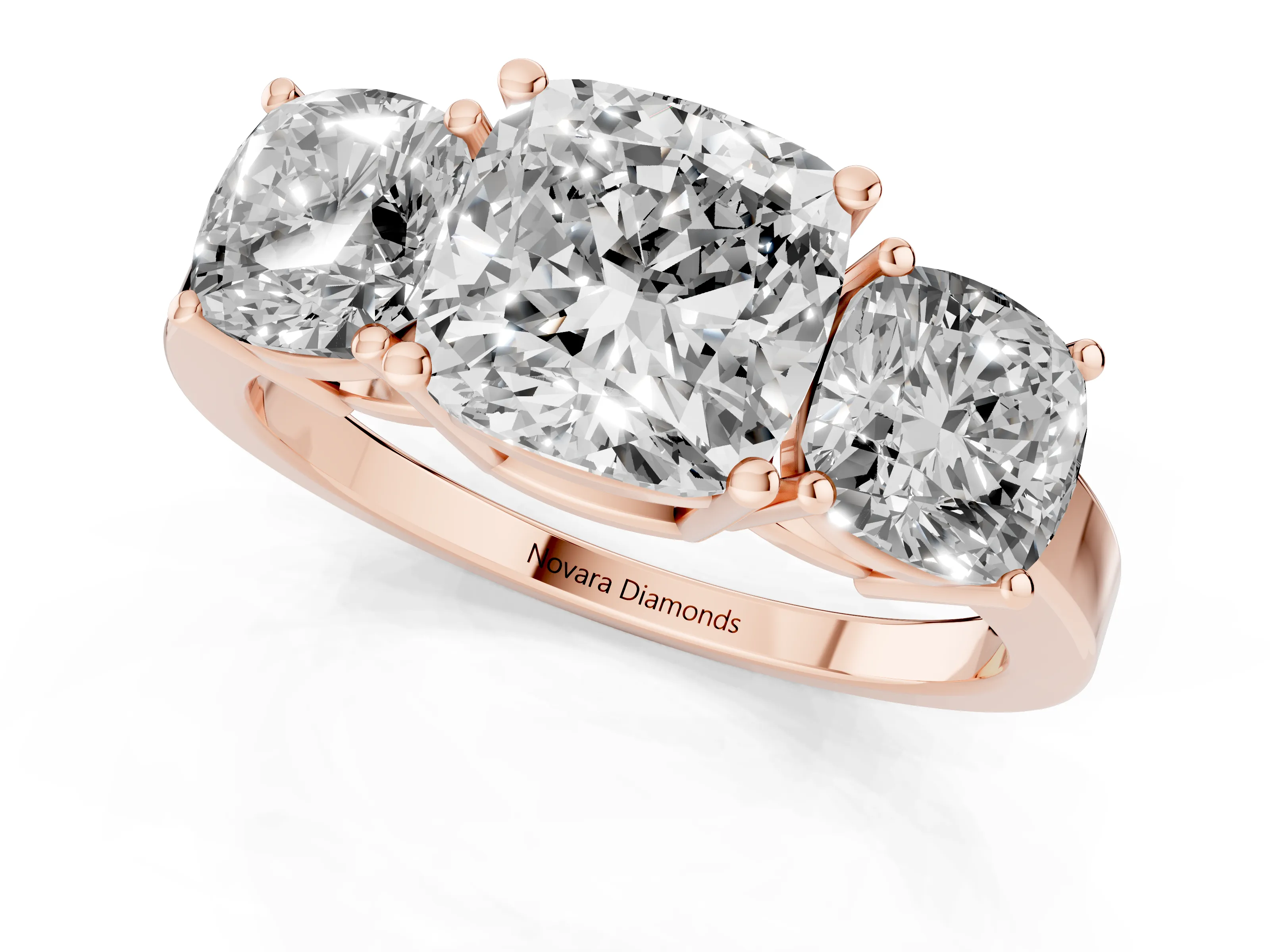 Cushion Cut Diamond Three-Stone Engagement Ring Set in Rose gold with Flat Band