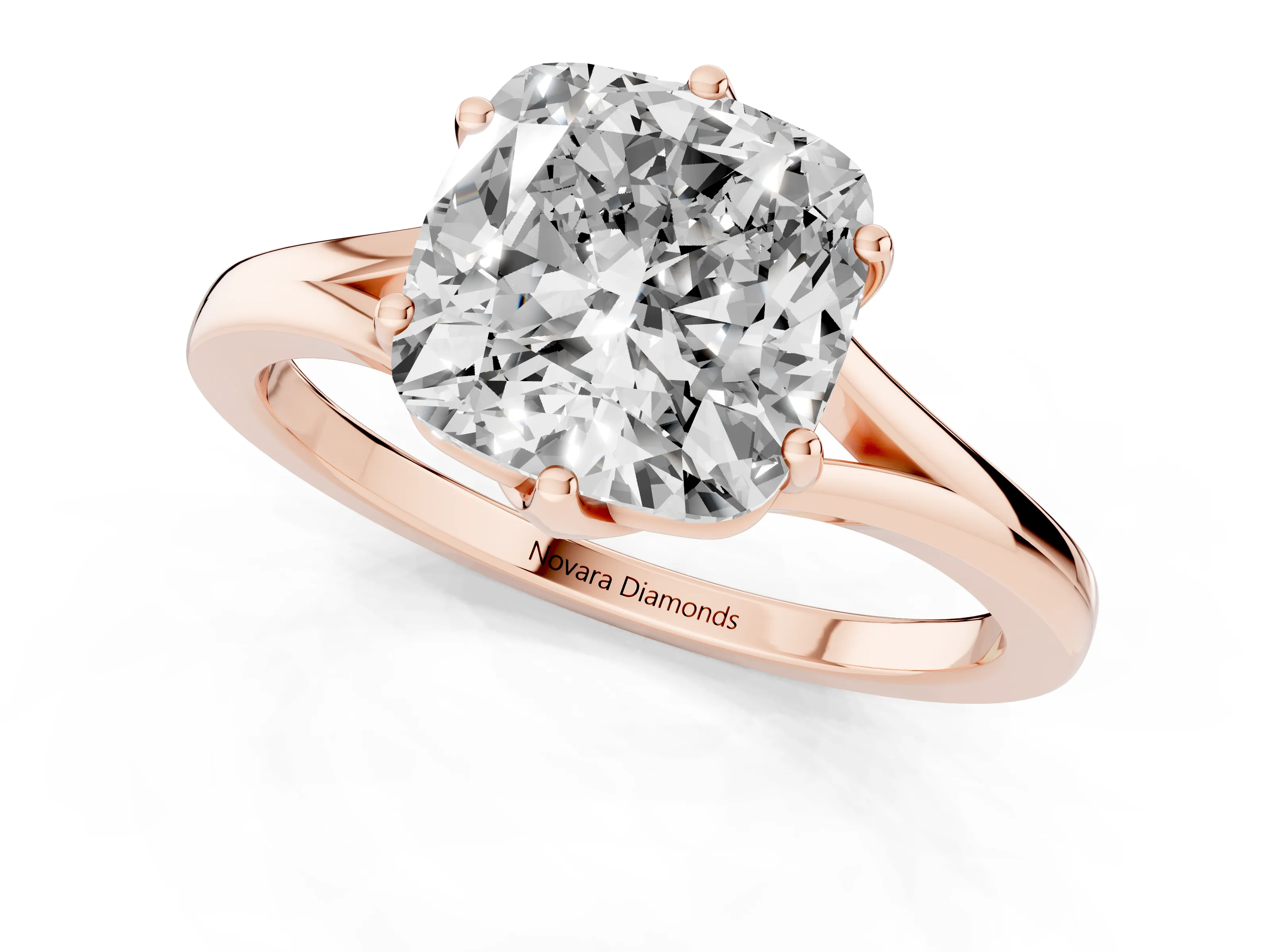 Cushion Cut Diamond Solitaire Ring Set in Rose gold with Polished Tapered Band and Prong Setting