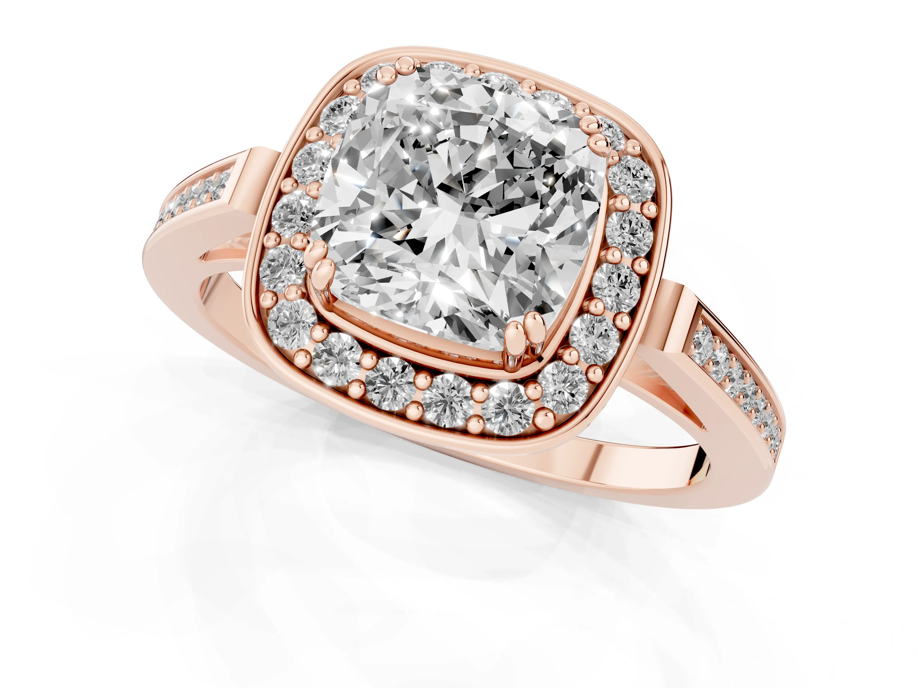 Cushion Cut Diamond Halo Ring Set in Rose gold with Accent-Lined Split Shank and Prong Setting