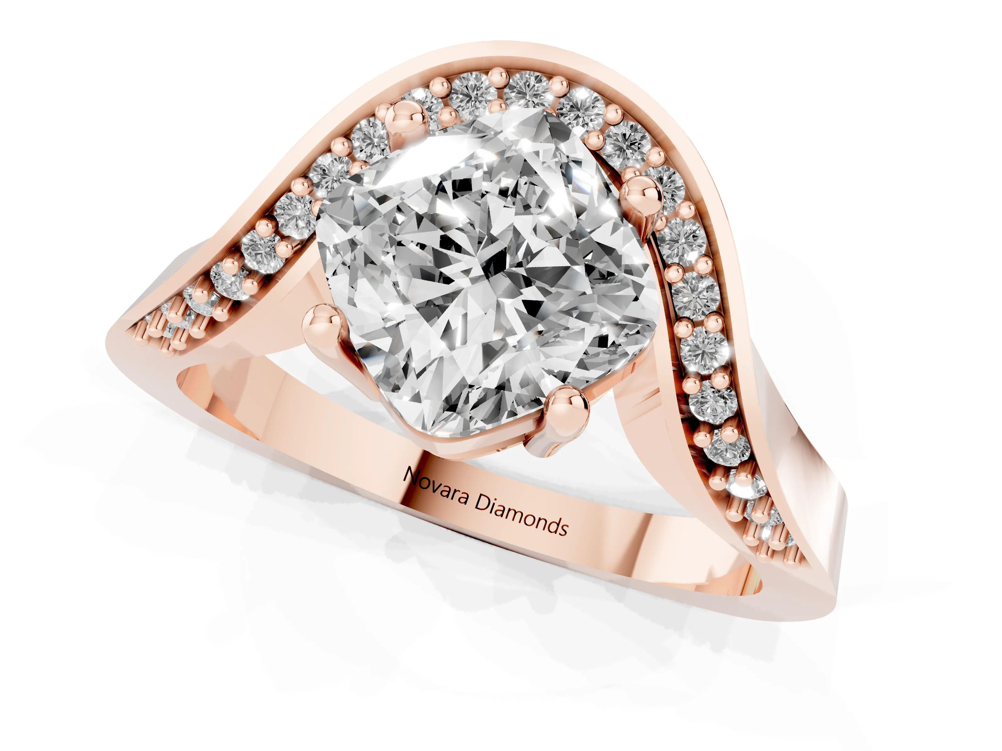 Cushion Cut Diamond Solitaire Engagement Ring Set in Rose gold with Pavé Shoulders