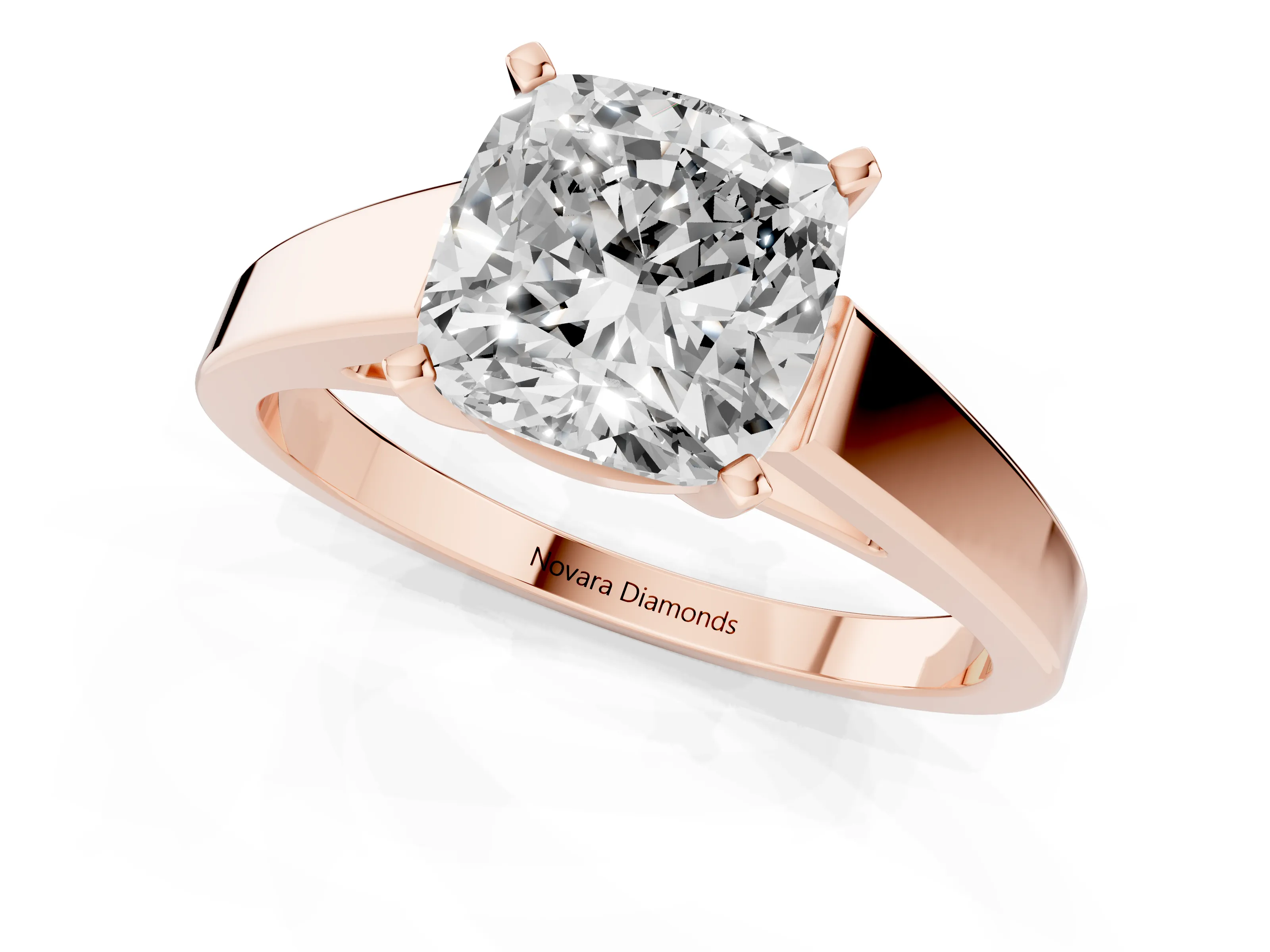 Cushion Cut Diamond Solitaire Engagement Ring Set in Rose gold with Prong Setting and Tapered Band