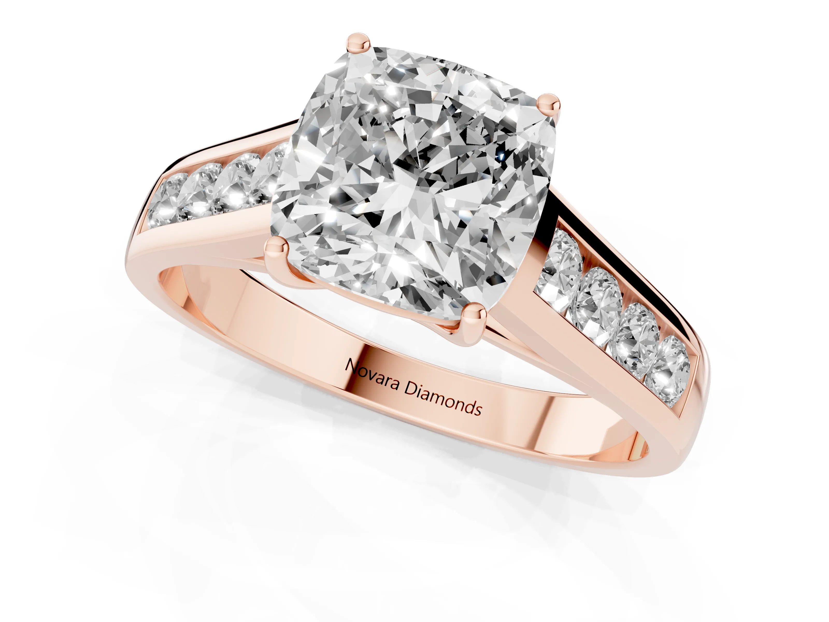 Cushion Cut Diamond Brilliant Channel-Set Solitaire Ring Set in Rose gold with Prong Setting