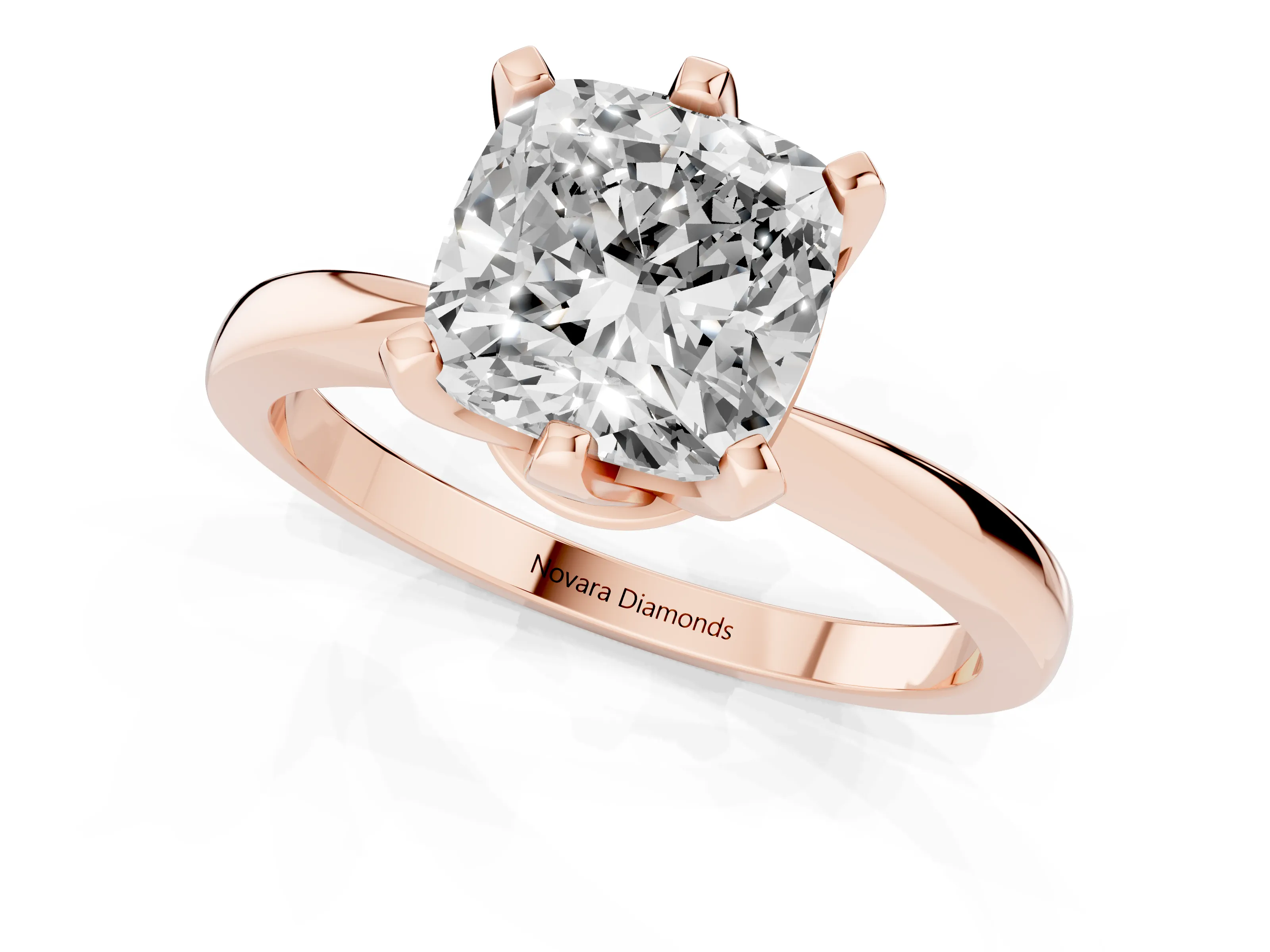 Cushion Cut Diamond Solitaire Engagement Ring Set in Rose gold with Slim Tapered Solitaire Band