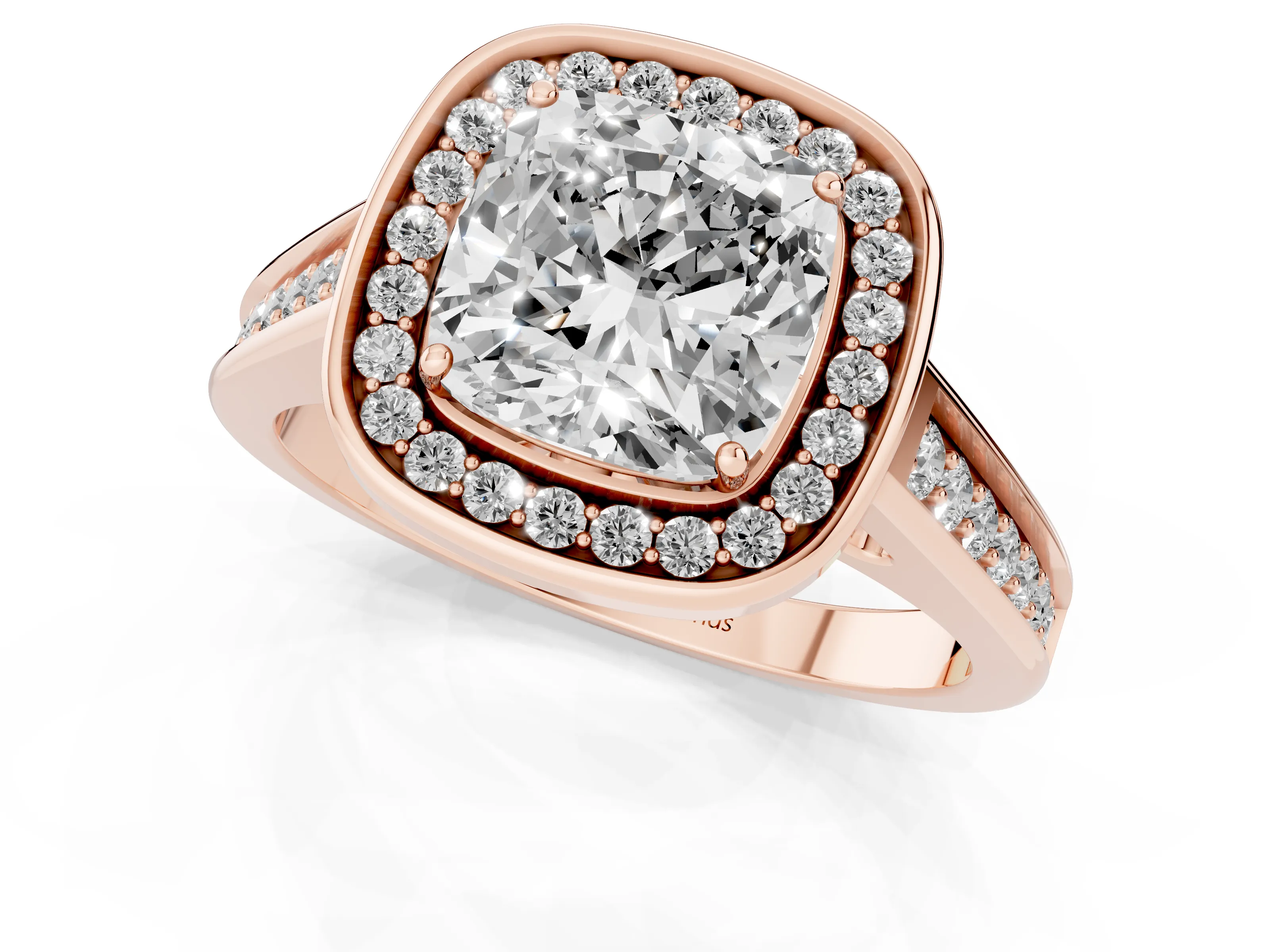 Cushion Cut Diamond Halo Solitaire Ring Set in Rose gold with Pavé Band and Bezel Setting