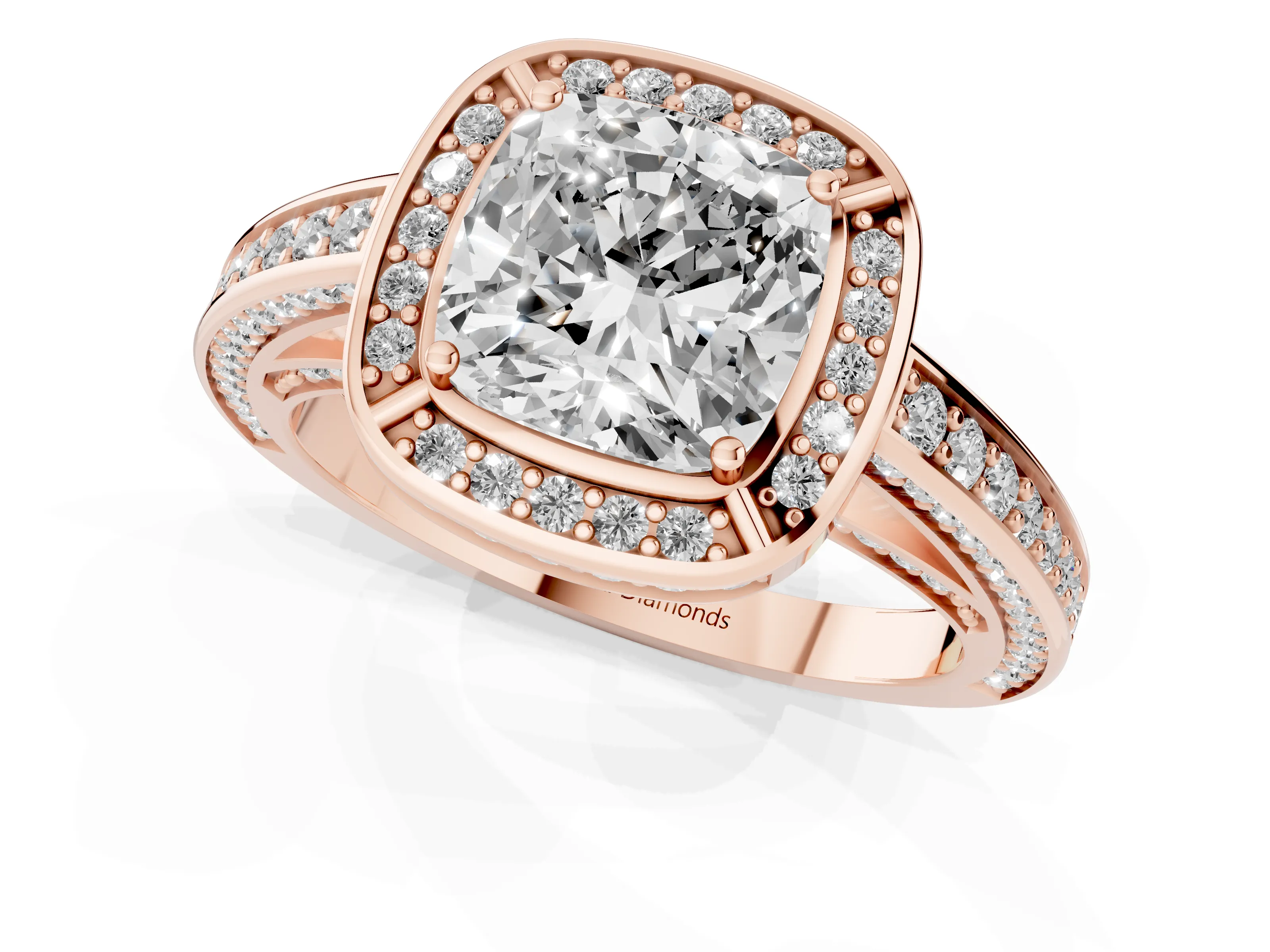 Cushion Cut Diamond Halo Pavé Split Shank Ring Set in Rose gold with Prong Setting