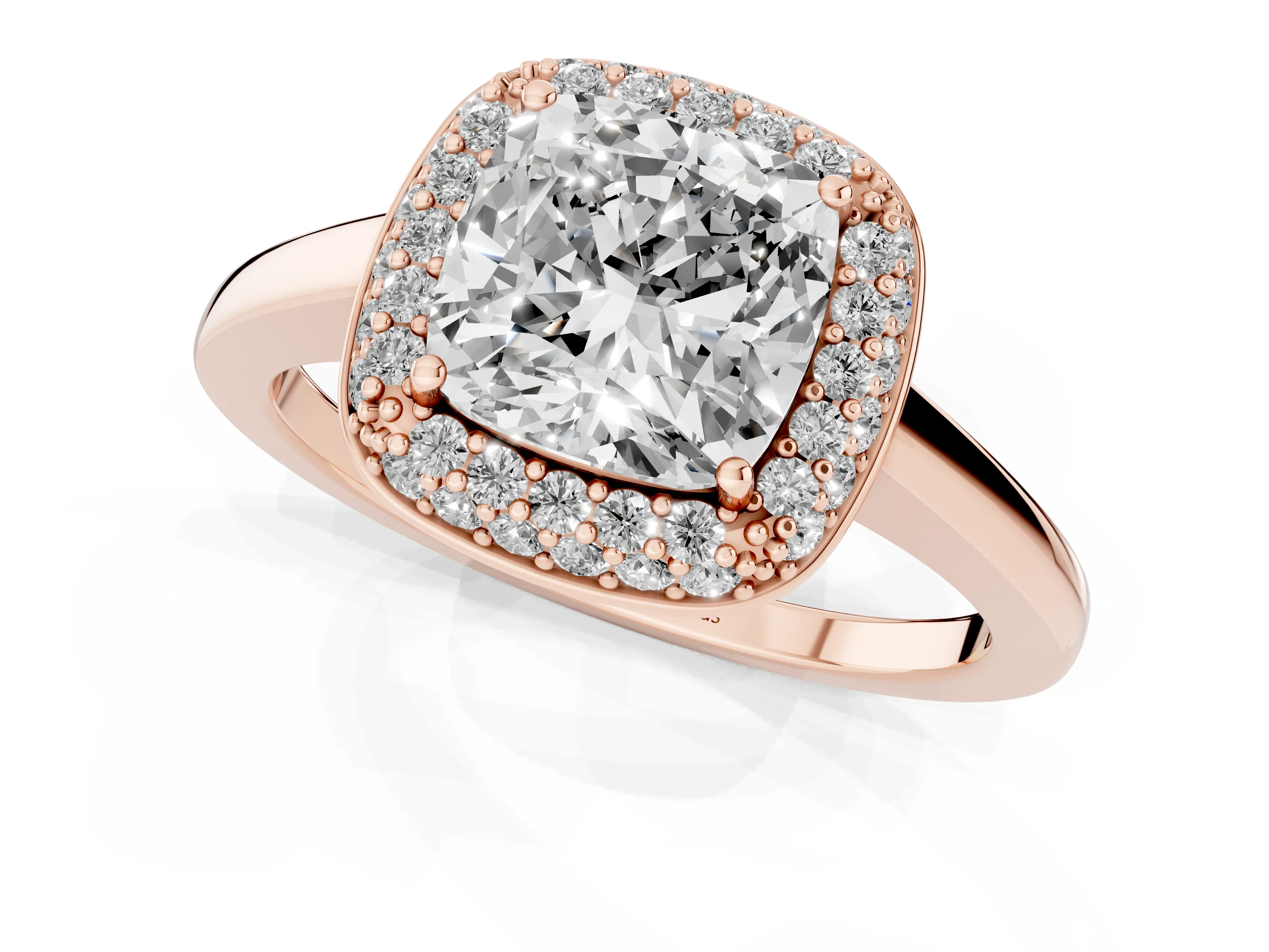 Cushion Cut Diamond Halo Engagement Ring Set in Rose gold with Solitaire Band and Prong Setting