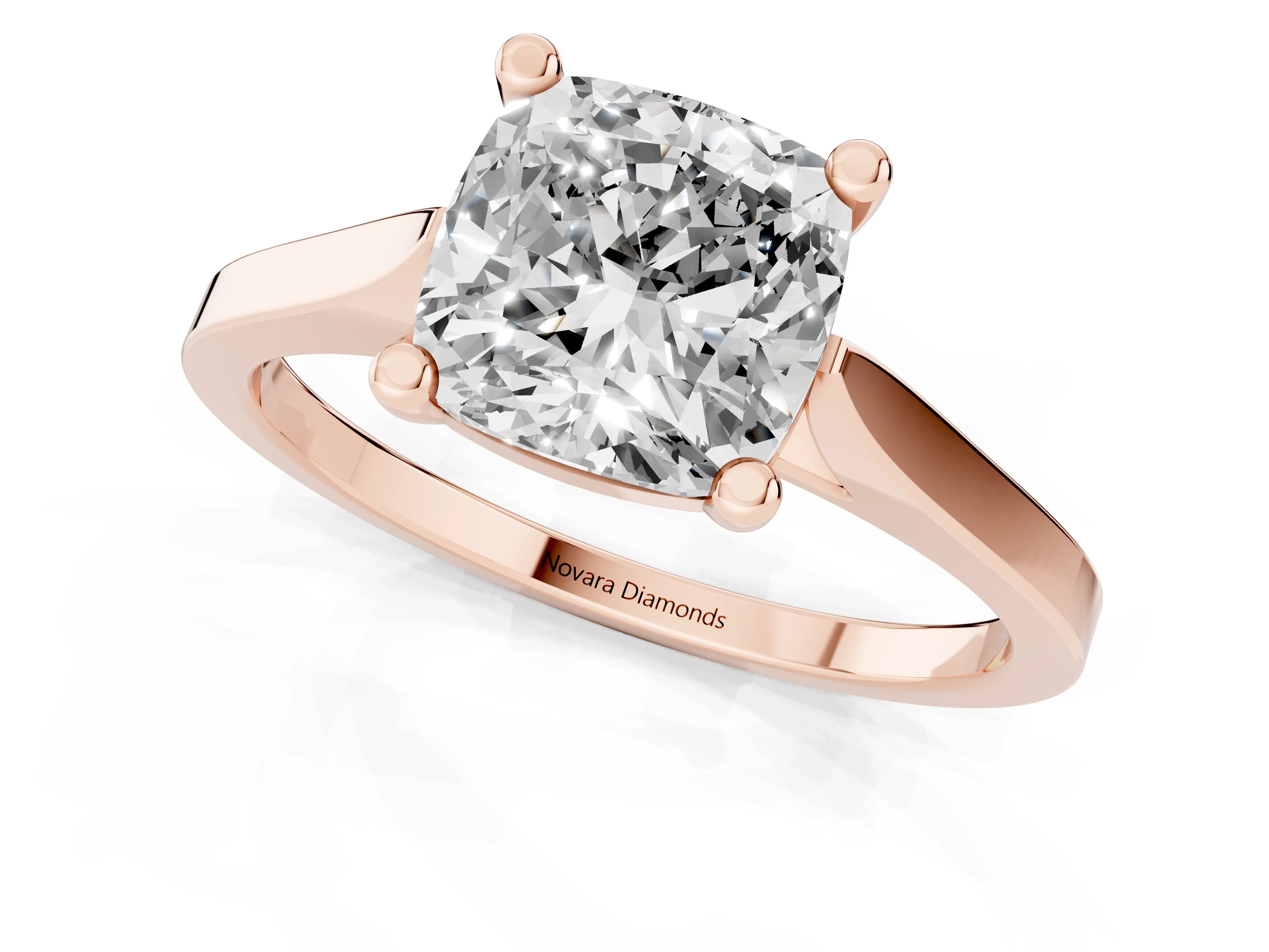 Cushion Cut Diamond Solitaire Ring Set in Rose gold with Prong Setting and Tapered Band