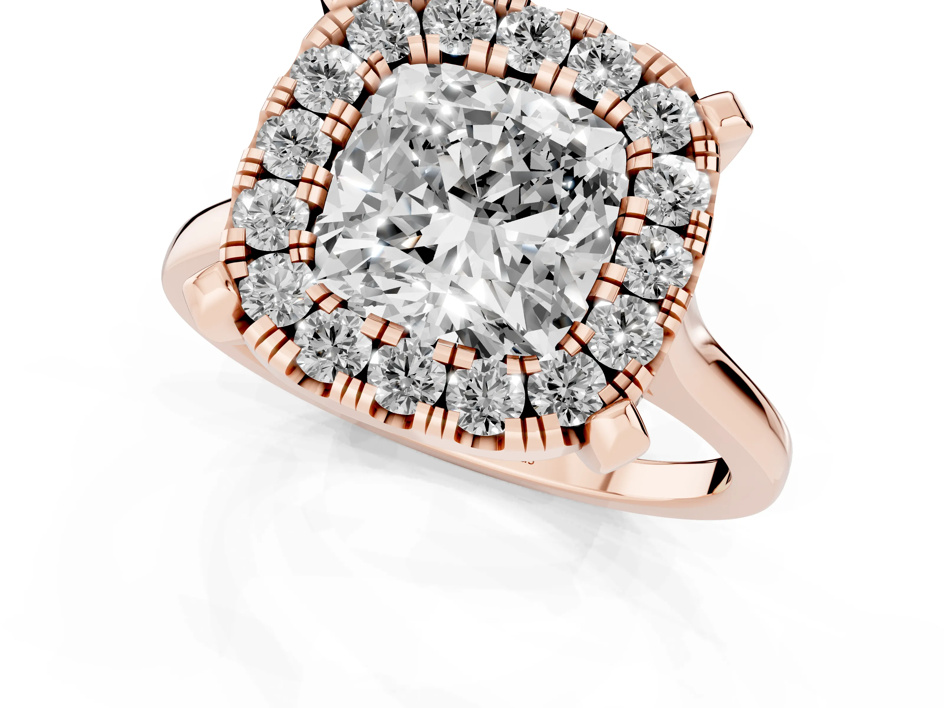 Cushion Cut Diamond Cluster Halo Solitaire Ring Set in Rose gold with Prong Setting