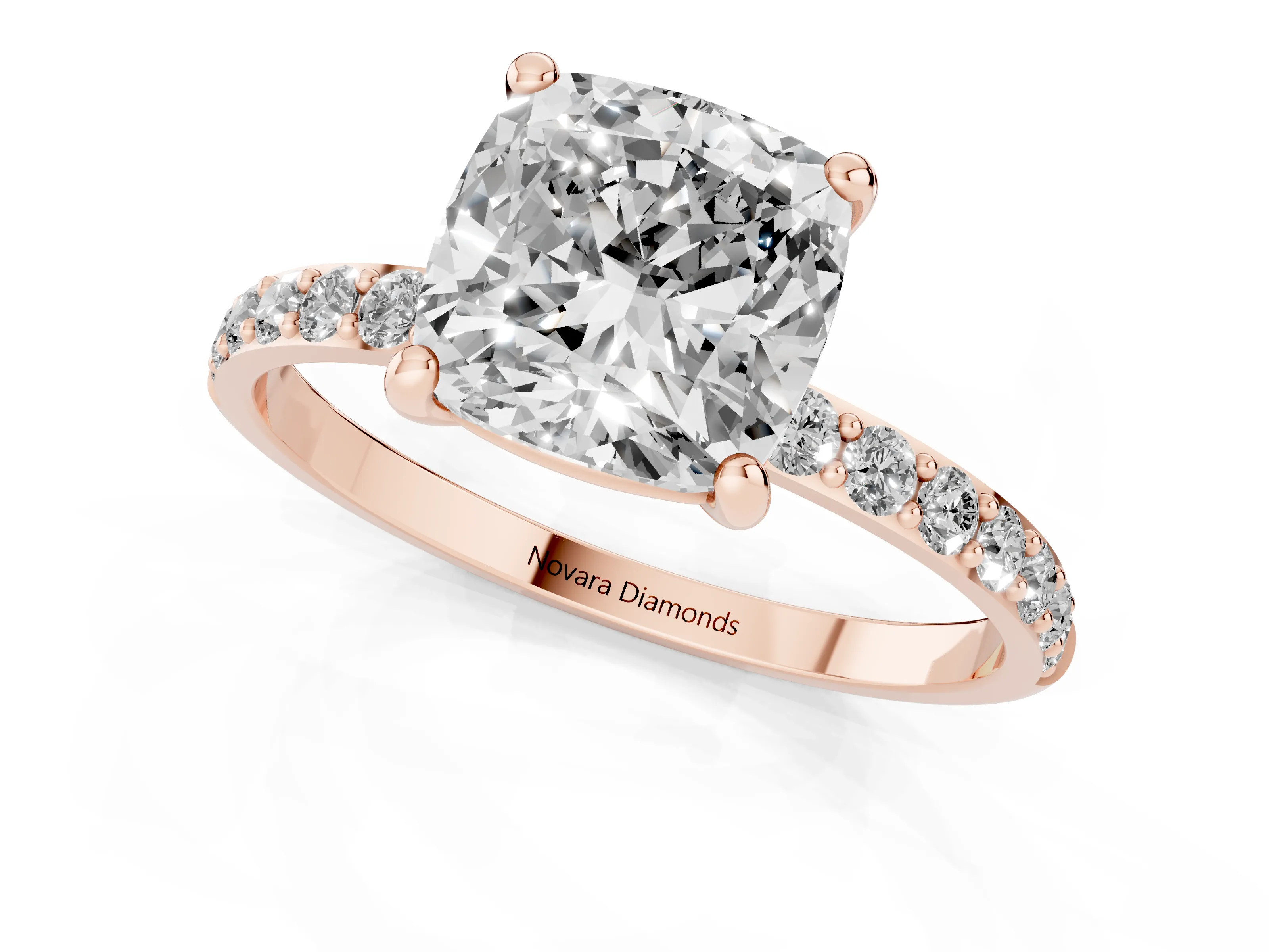 Cushion Cut Diamond Solitaire Ring Set in Rose gold with Round Pavé Band and Prong Setting