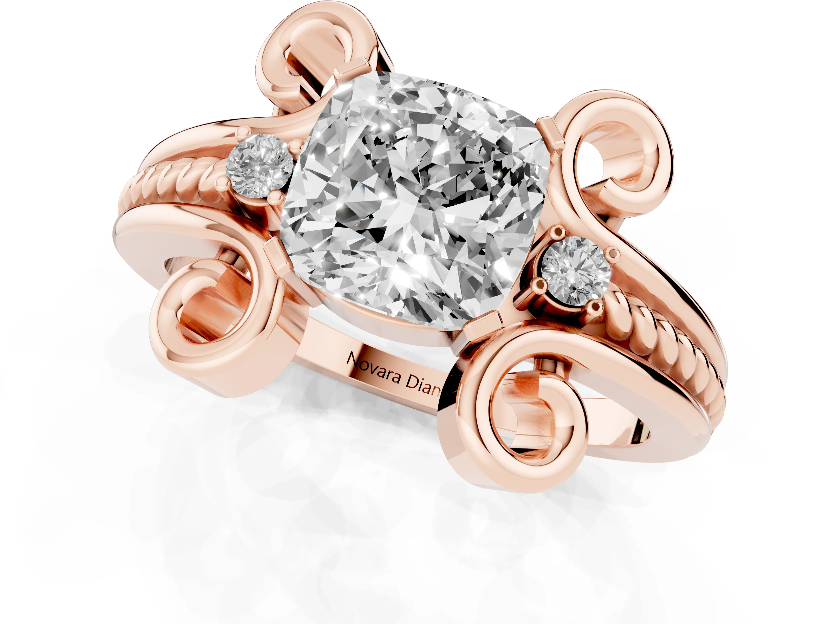 Cushion Cut Diamond Twisted Band Solitaire Ring Set in Rose gold with Scroll Prongs
