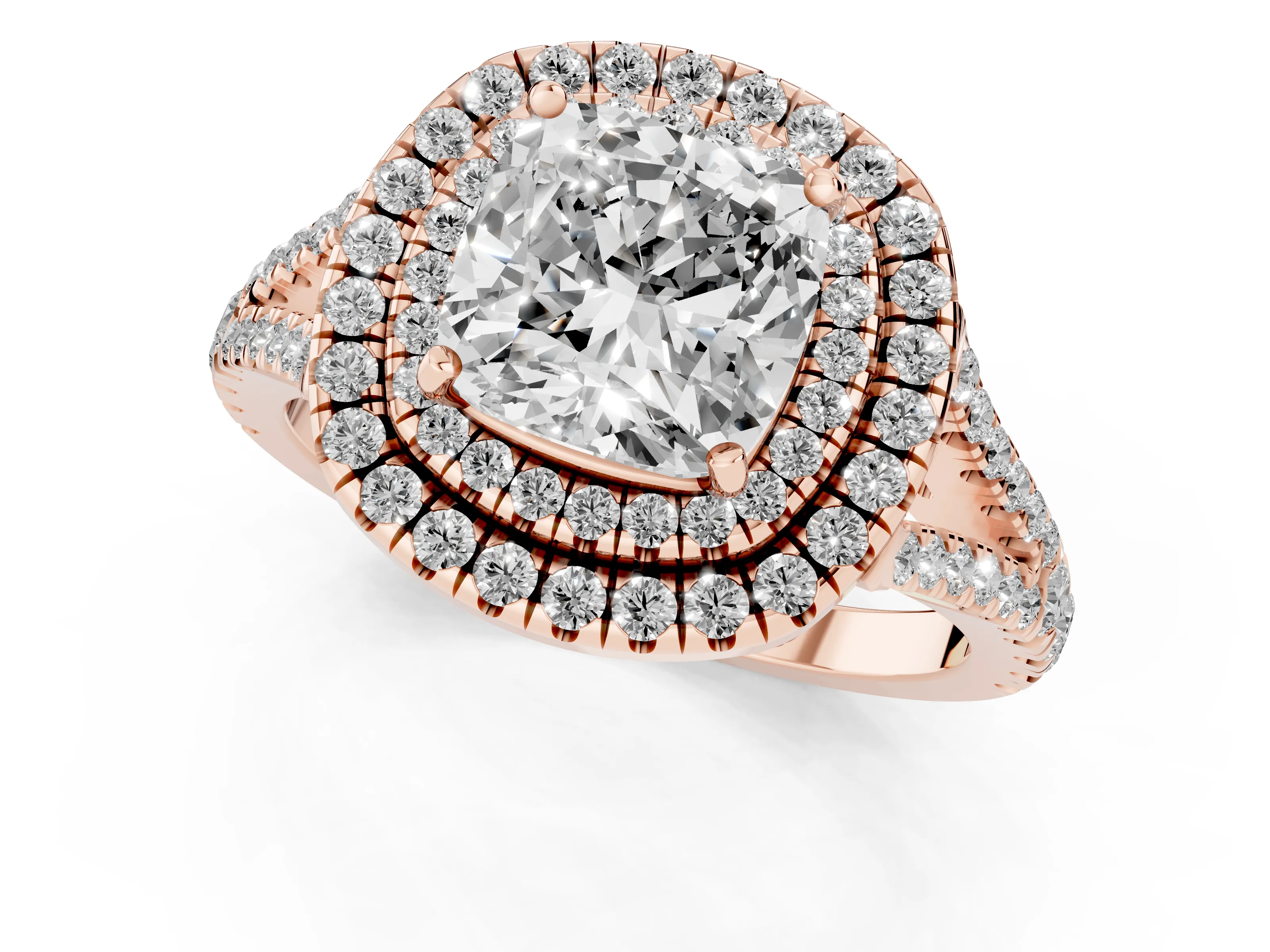 Cushion Cut Diamond Double Halo Ring Set in Rose gold with Pavé Band