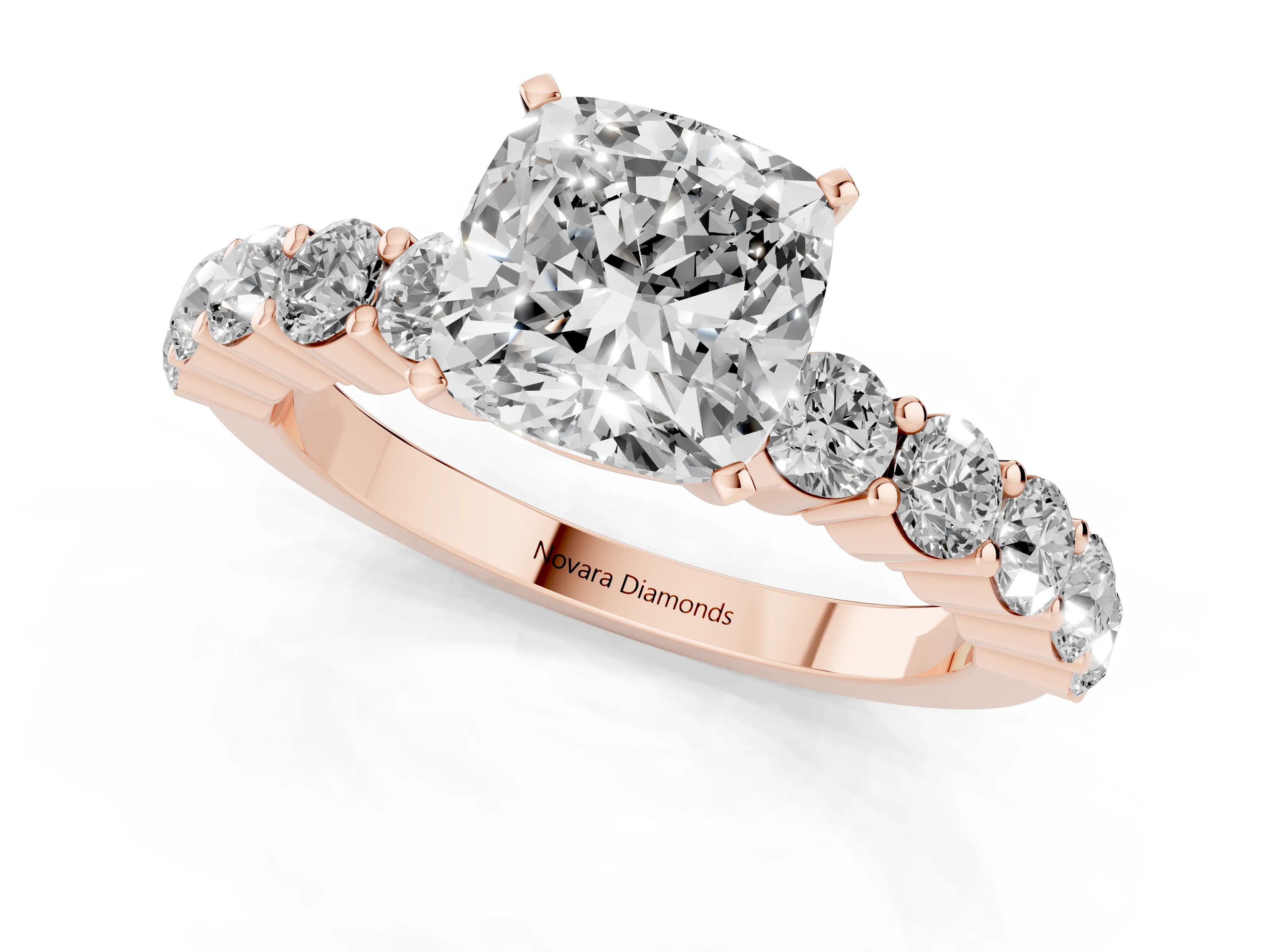 Cushion Cut Diamond Solitaire Ring Set in Rose gold with Shared Prong Round Side Stones