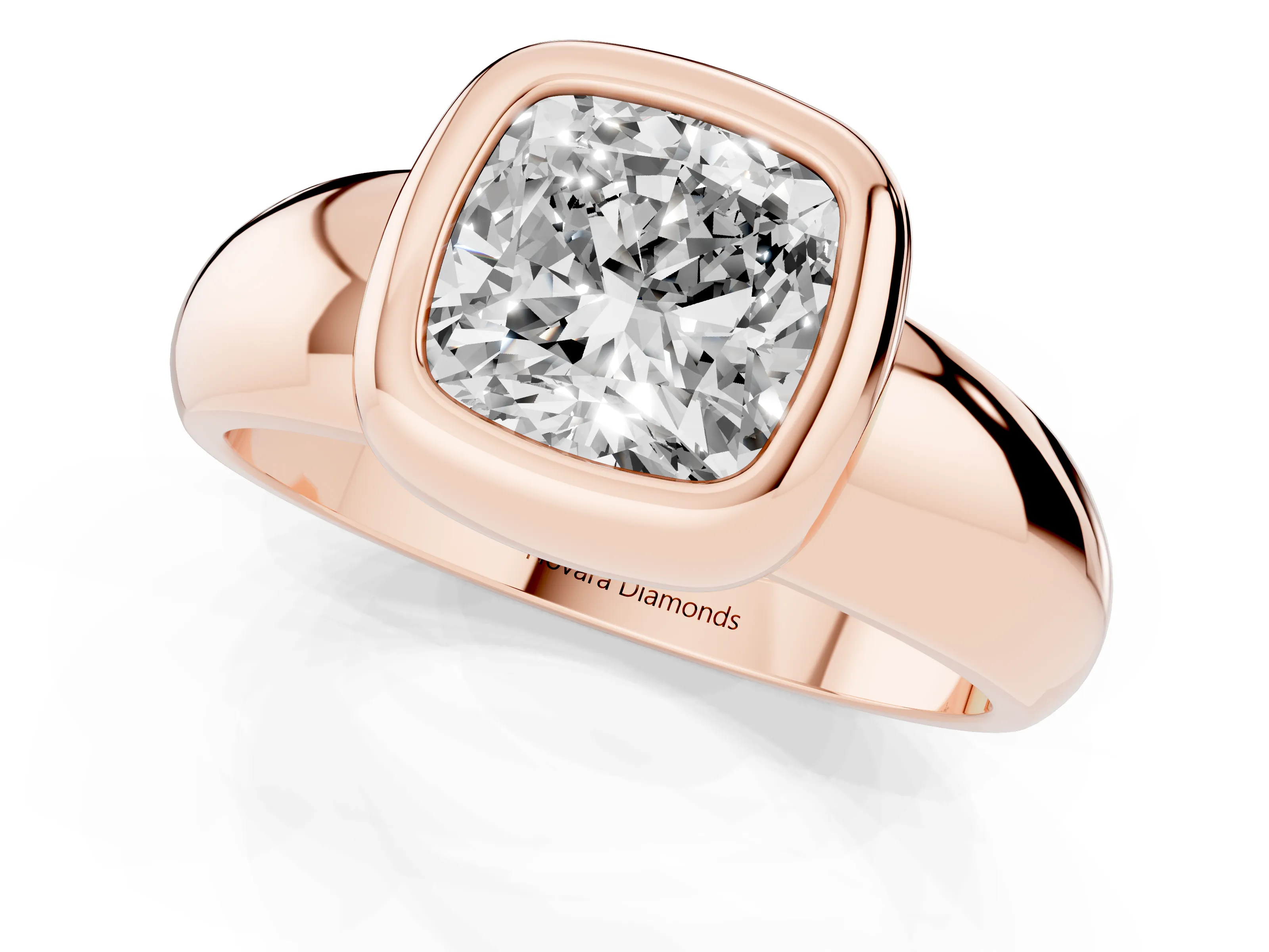 Bezel Set Cushion Cut Diamond Solitaire Ring Set in Rose gold with Wide Band