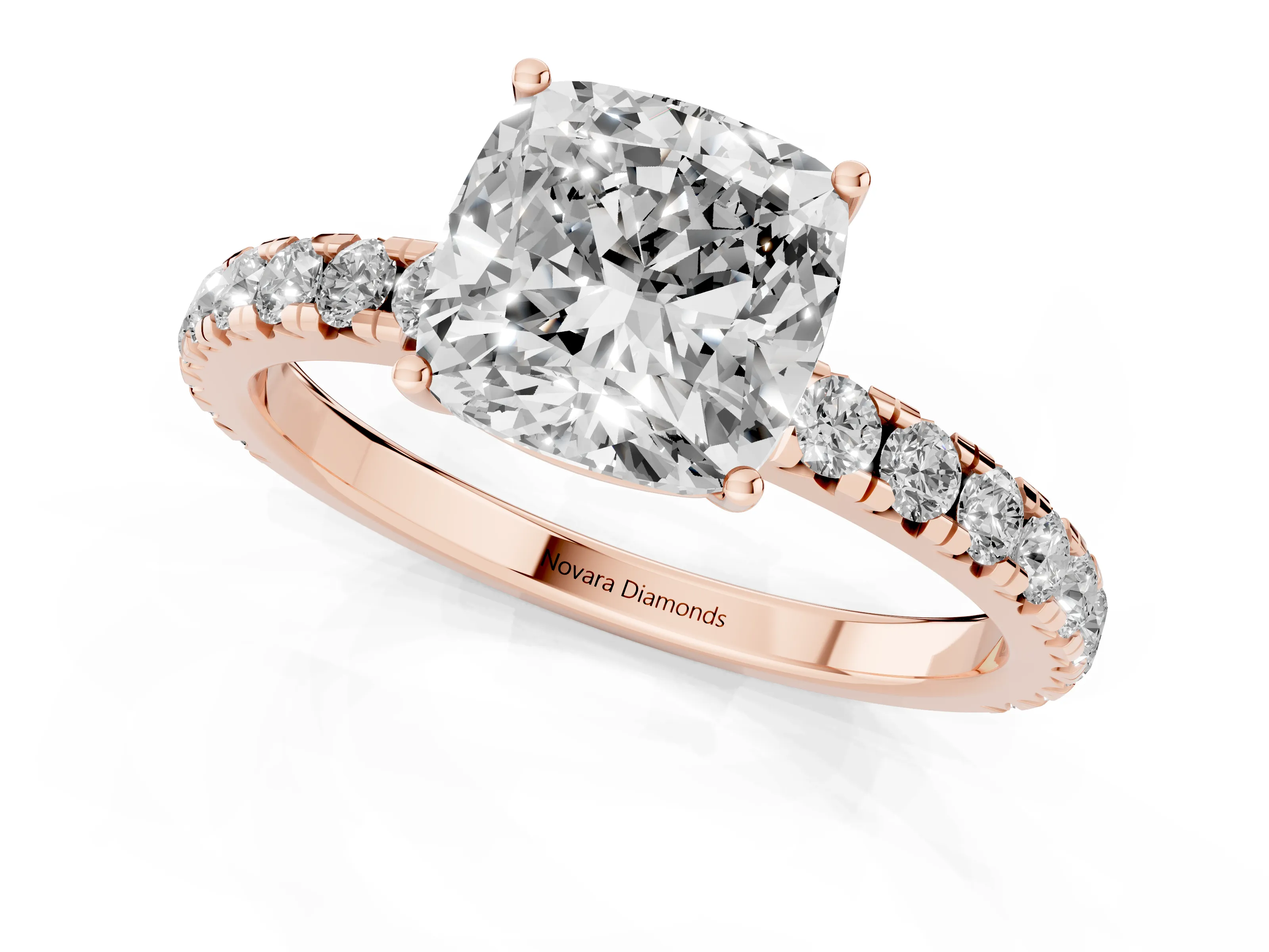 Cushion Cut Diamond Pavé Solitaire Engagement Ring Set in Rose gold with Prong Setting