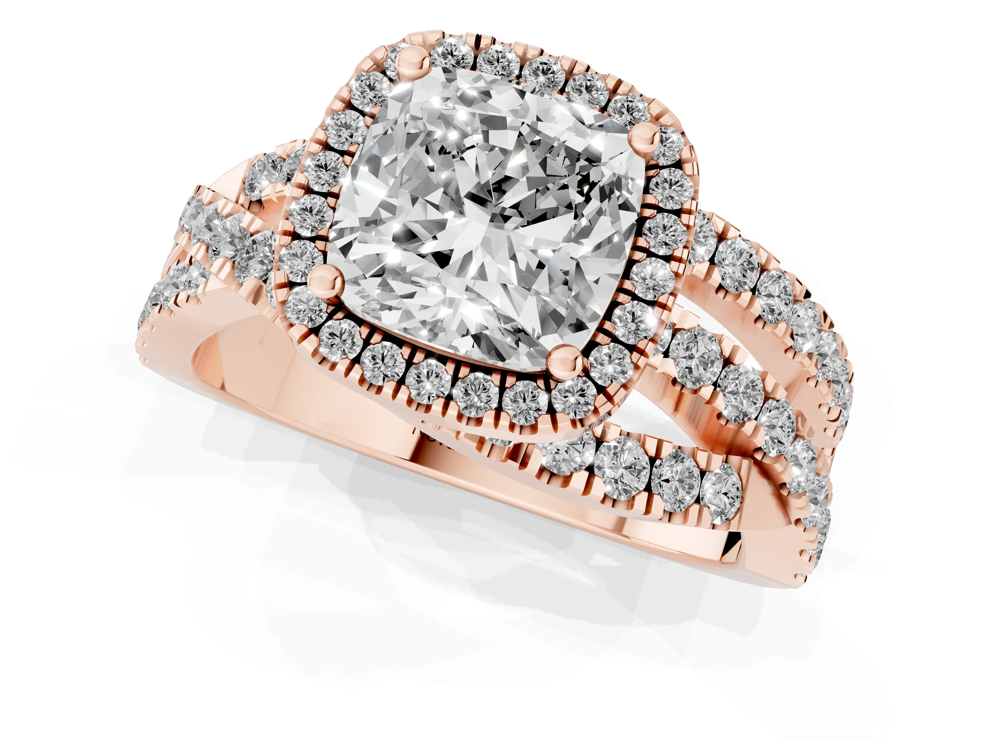 Cushion Cut Diamond Halo Ring Set in Rose gold with Round Crossover Split Shank and Prong Setting