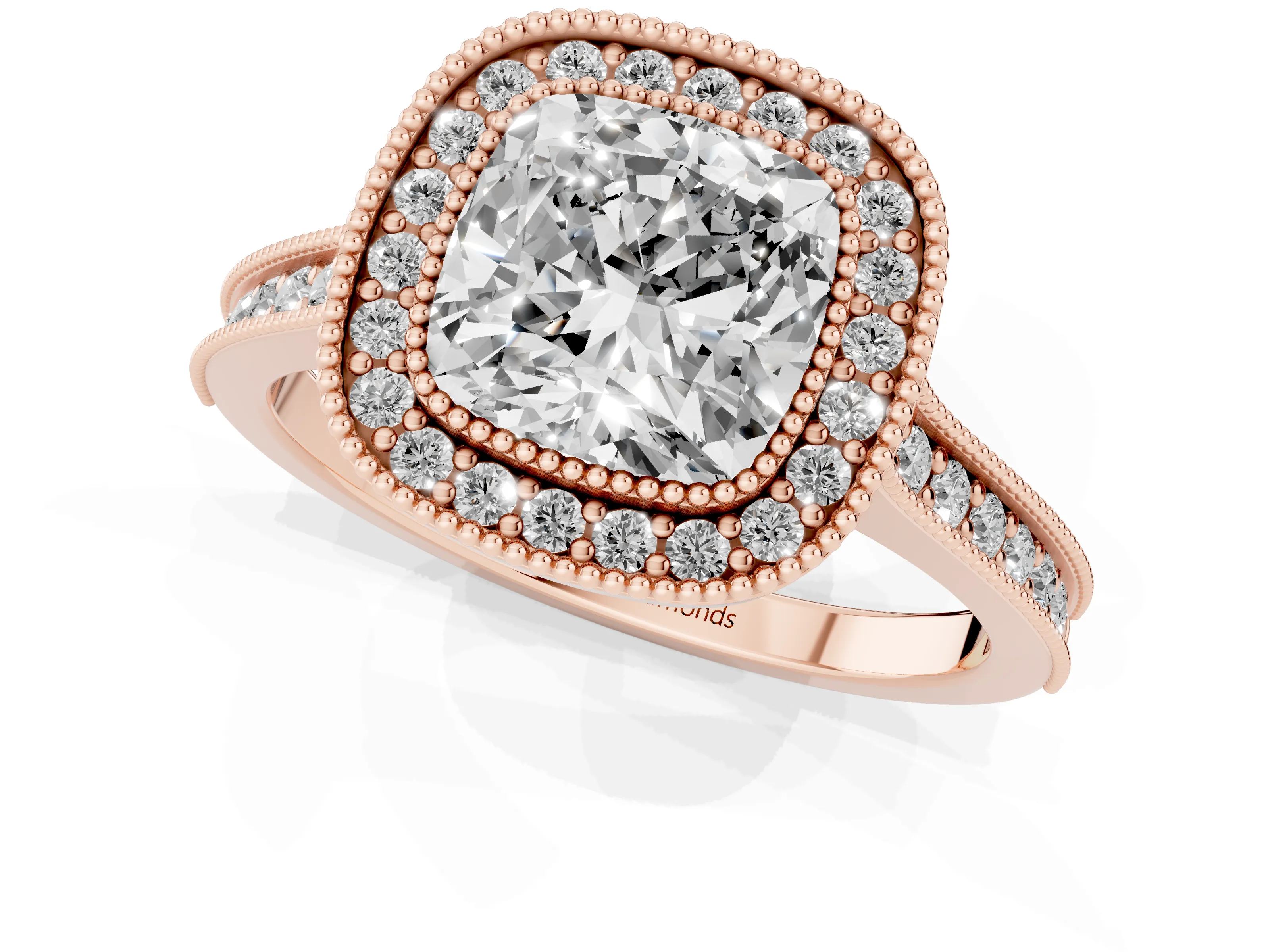 Cushion Cut Diamond Halo Milgrain Pavé Band Ring Set in Rose gold with Prong Setting