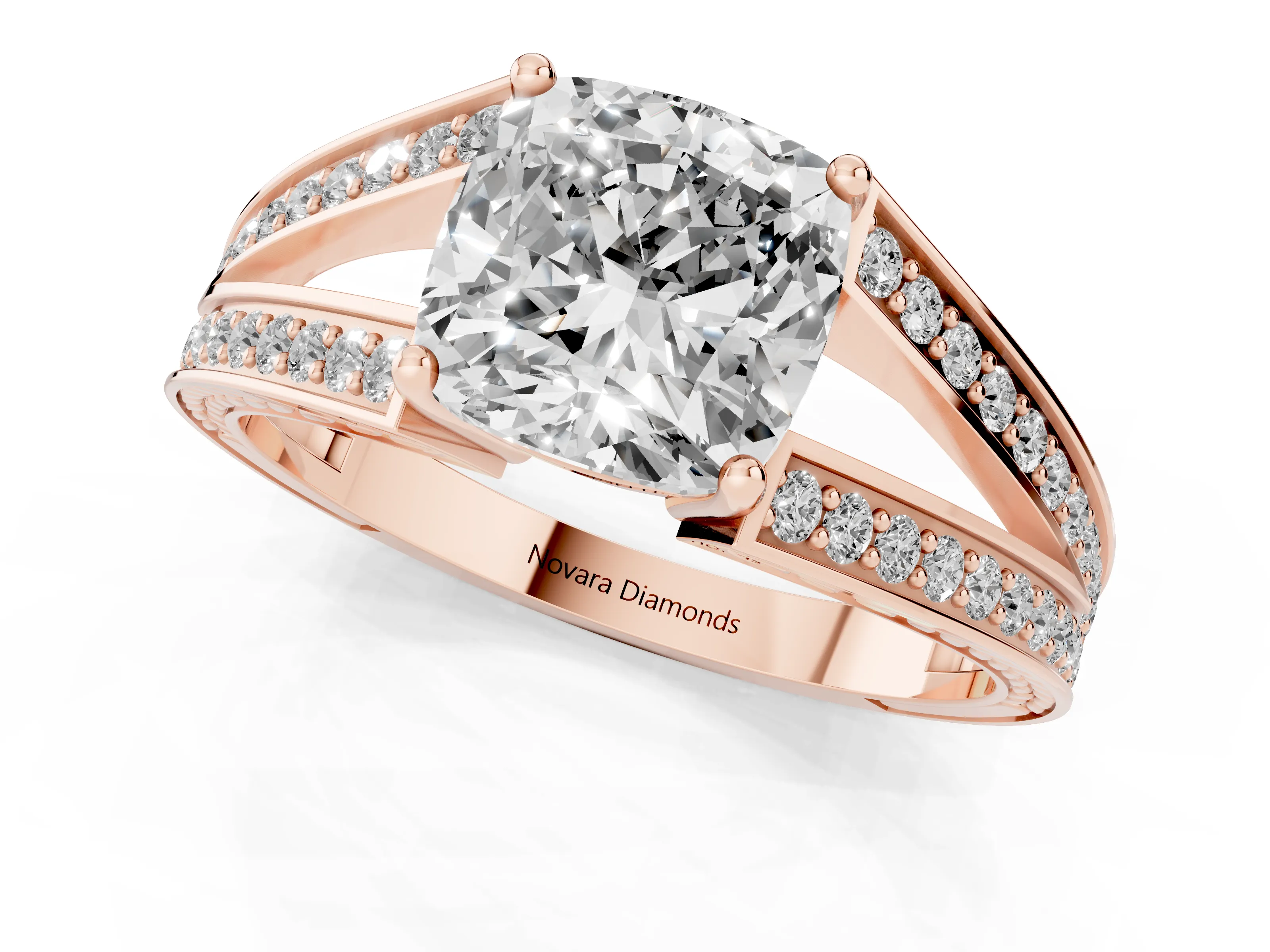 Cushion Cut Diamond Split Shank Ring Set in Rose gold with Pavé Band and Prong Setting
