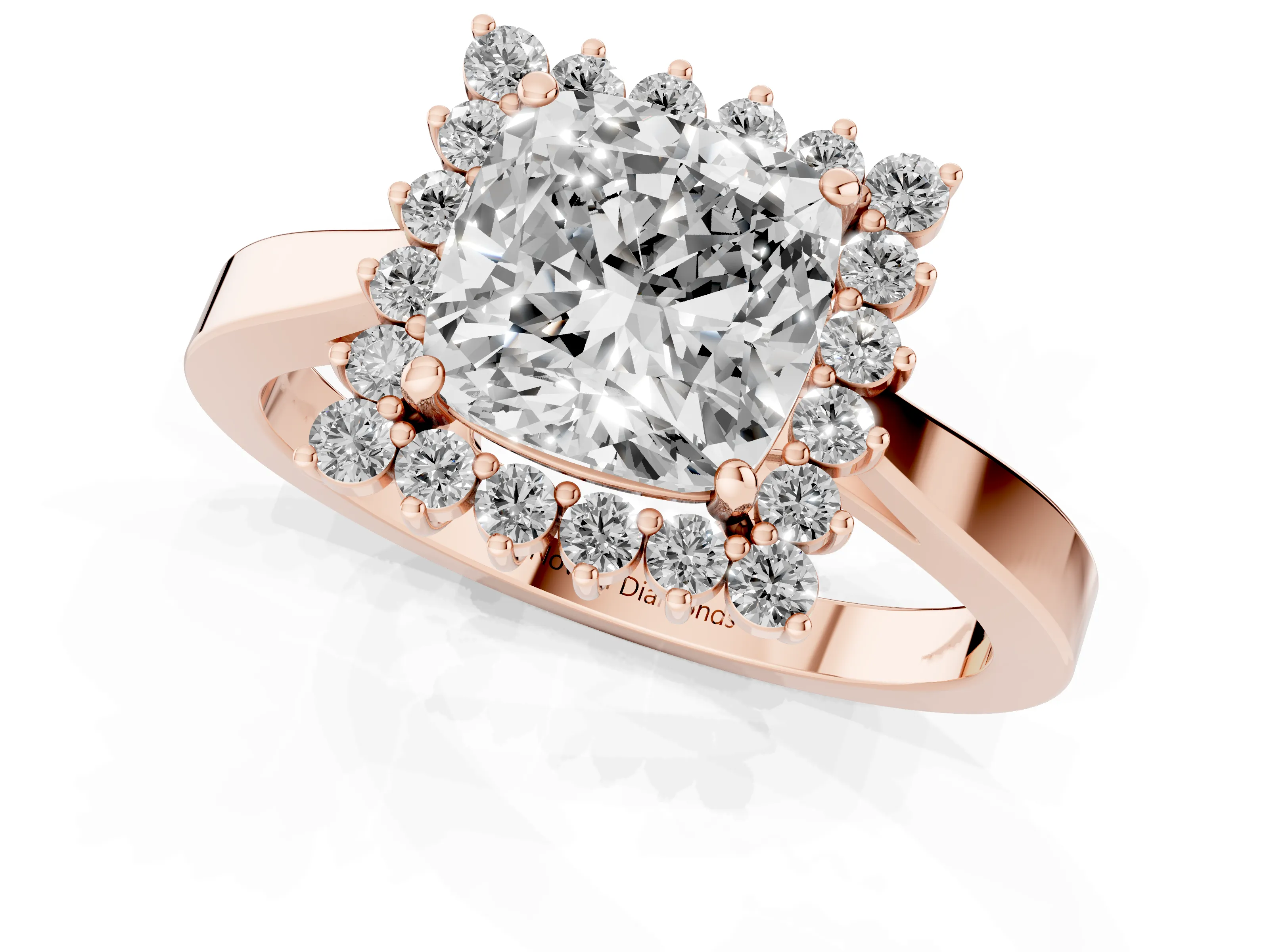 Cushion Cut Diamond Halo Ring Set in Rose gold with Round Halo and Smooth Solitaire Band – second view