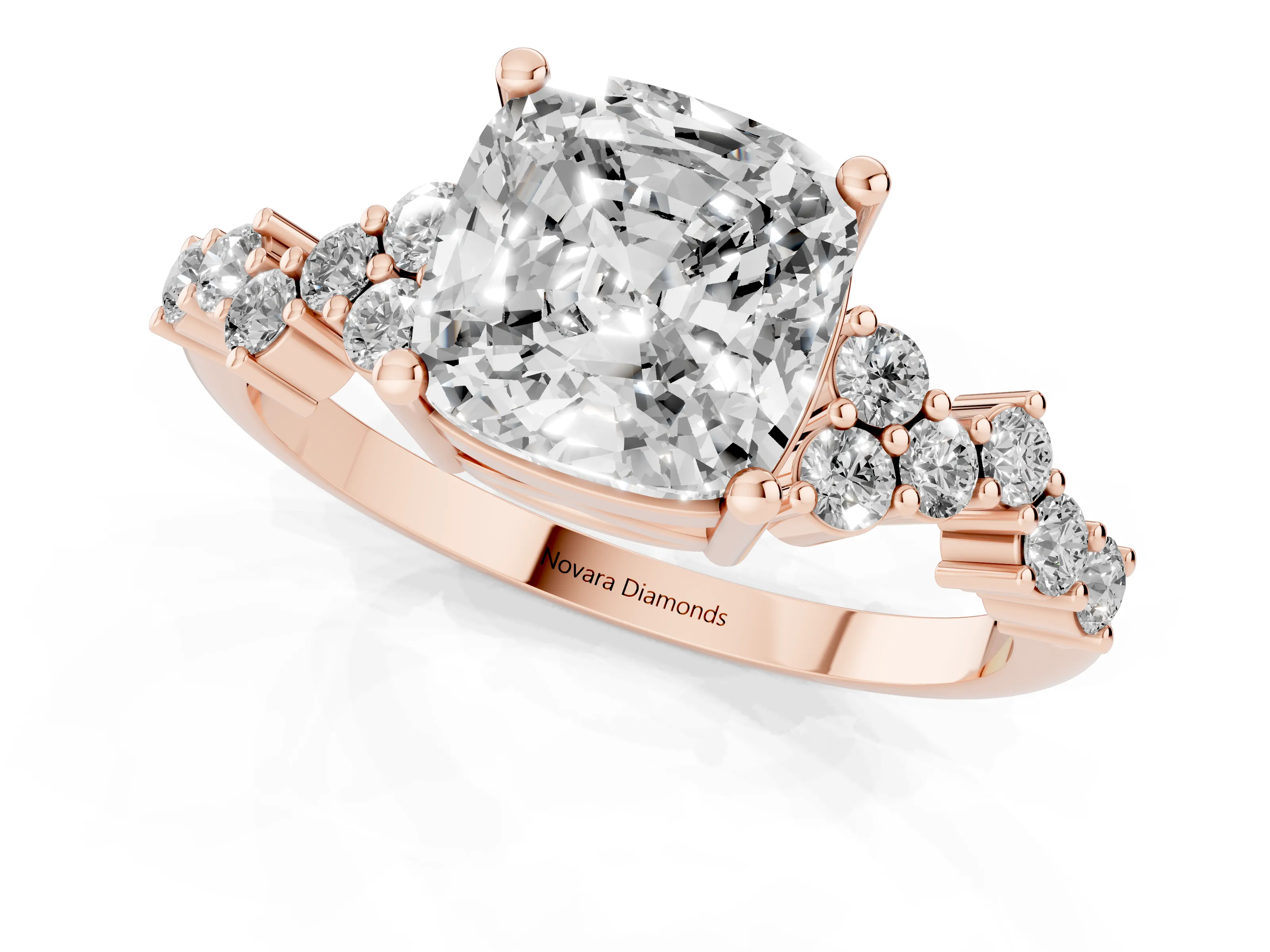 Cushion Cut Diamond Ring Set in Rose gold with Scattered Round Accents
