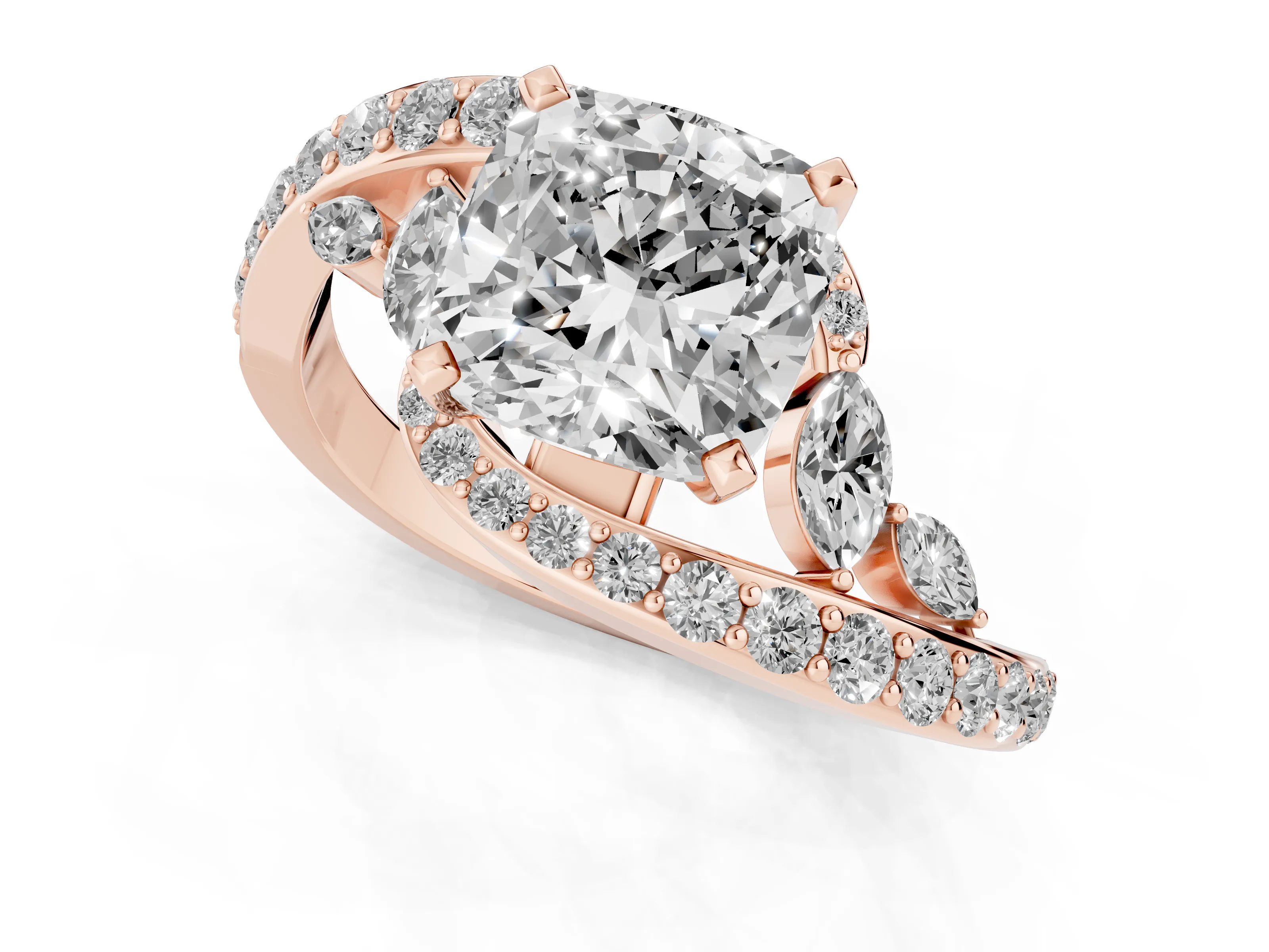 Cushion Cut Diamond Solitaire Ring Set in Rose gold with Pavé Twist Band and Secure Prong Setting