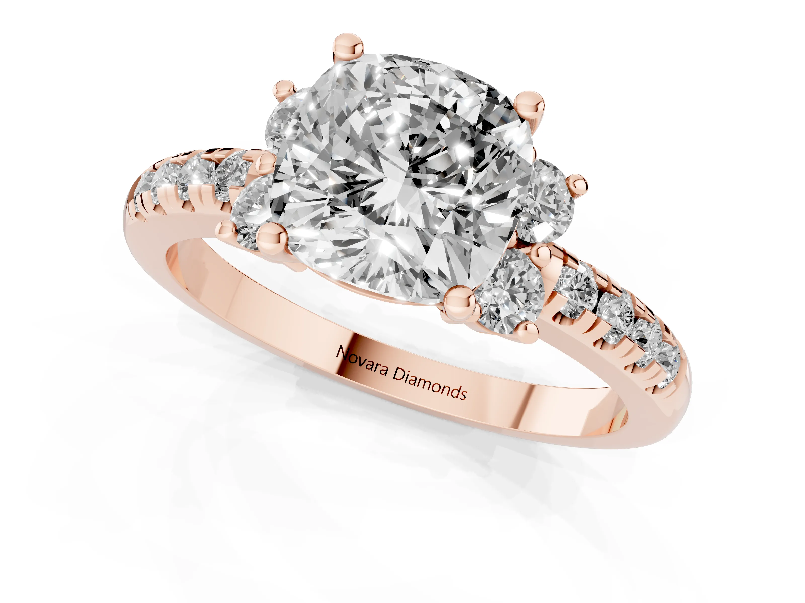Cushion Cut Diamond Three-Stone Pavé Ring Set in Rose gold with Prong Setting