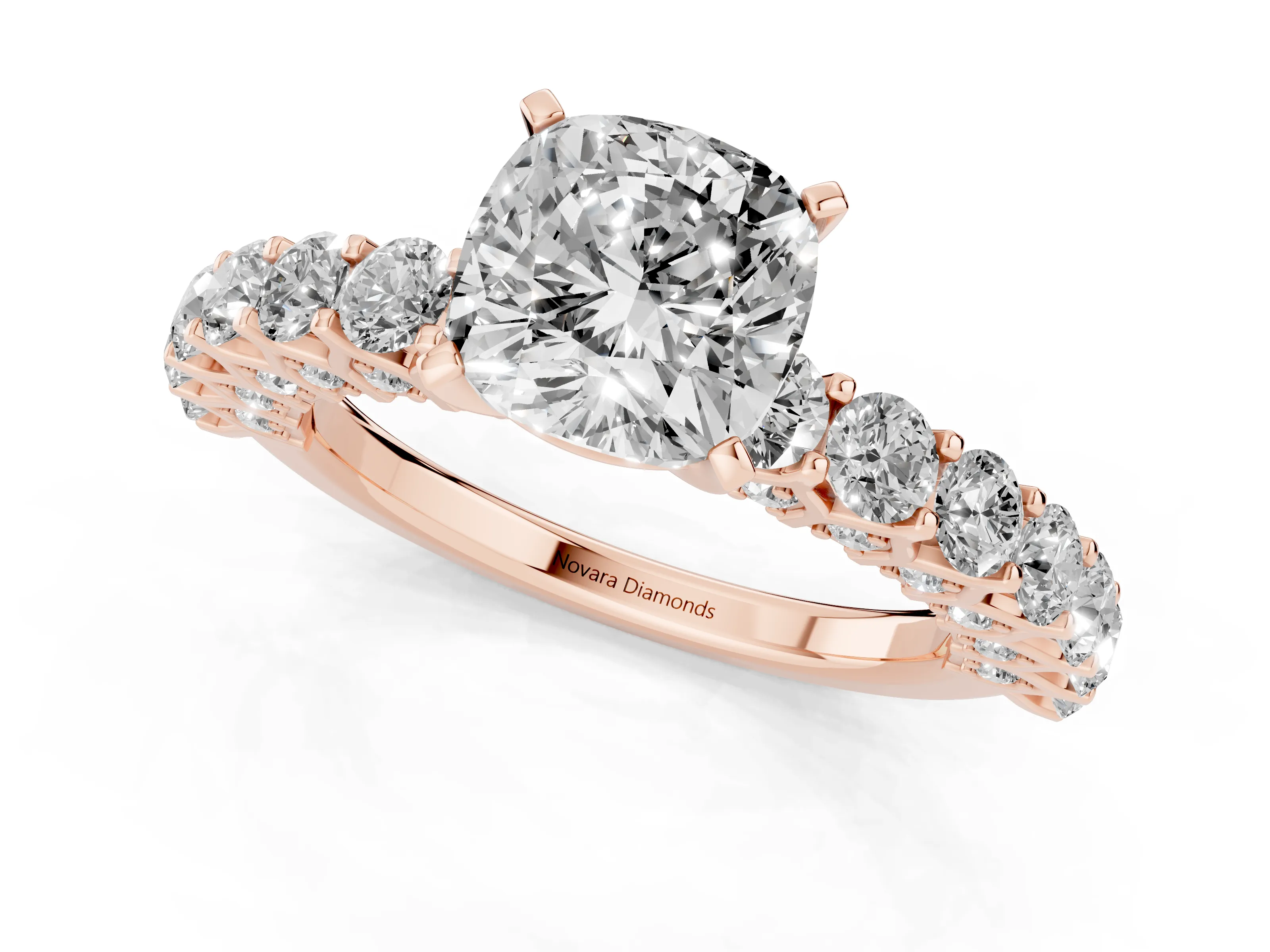 Cushion Cut Diamond Solitaire Ring Set in Rose gold with Shared Prong Pavé Band