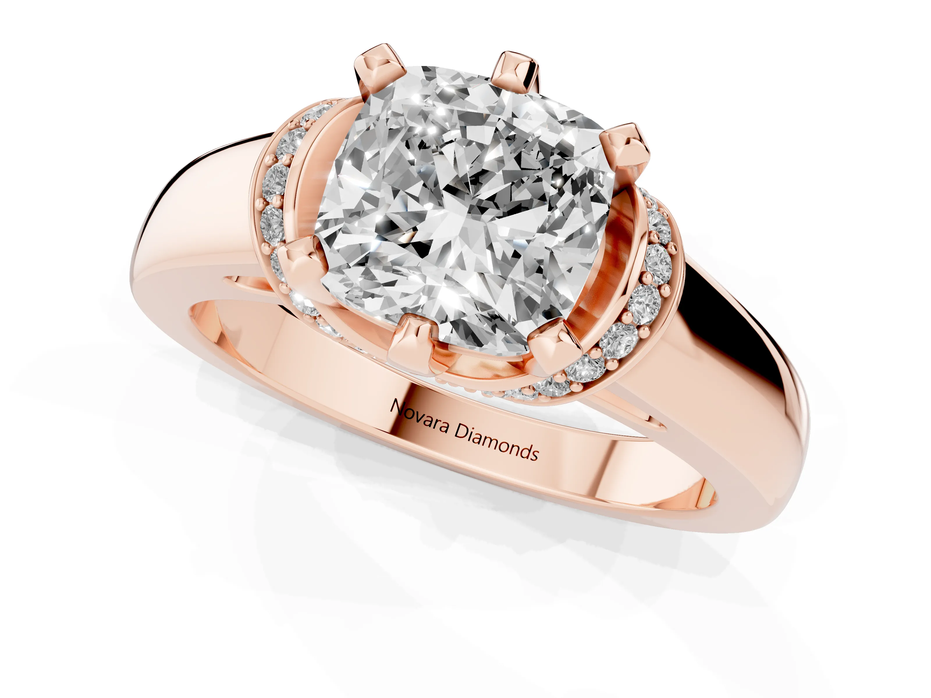 Cushion Cut Diamond Pavé Band Solitaire Ring Set in Rose gold with Prong Setting