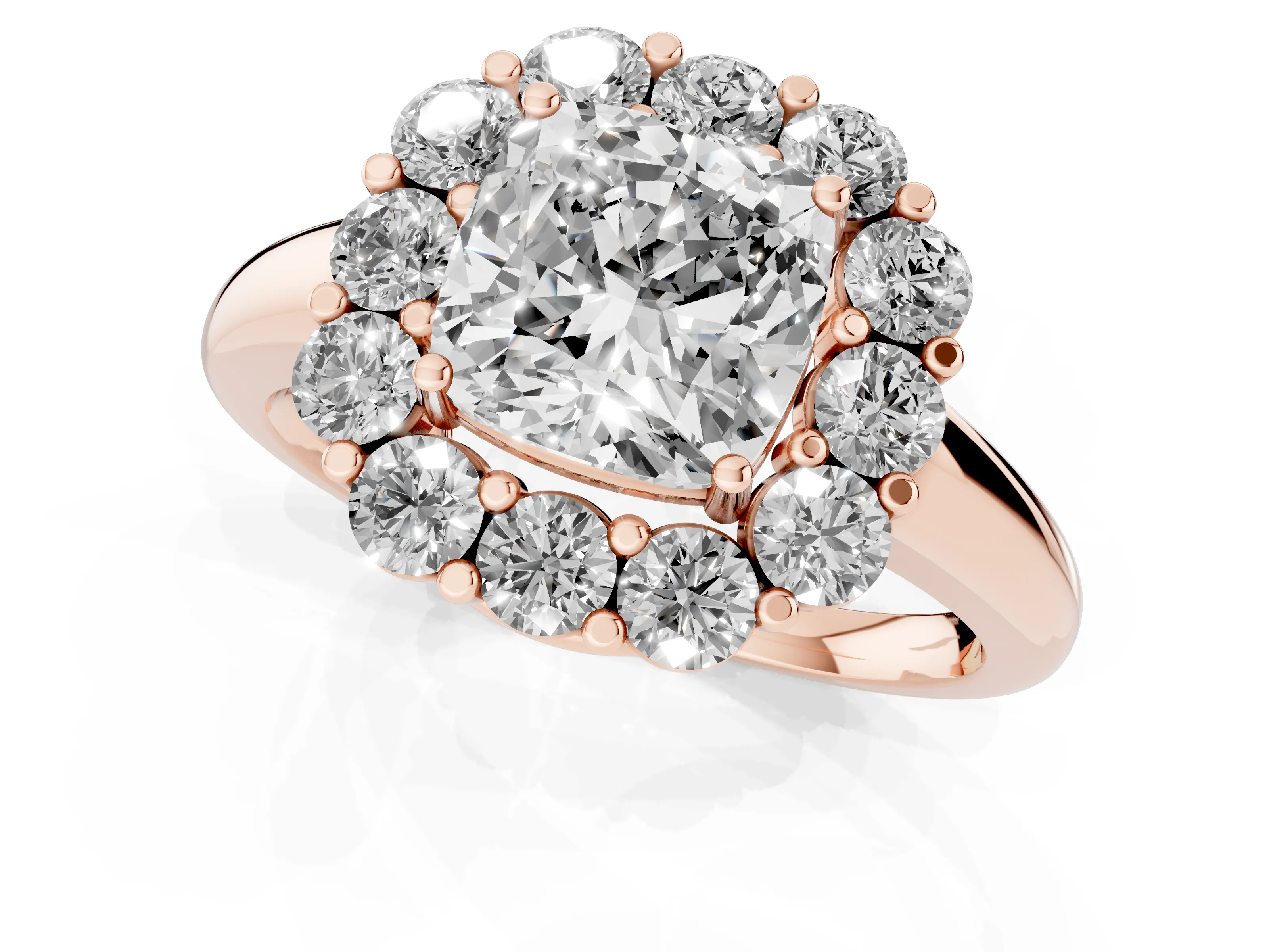 Cushion Cut Diamond Halo Cluster Engagement Ring Set in Rose gold with Polished Band and Prong Setting