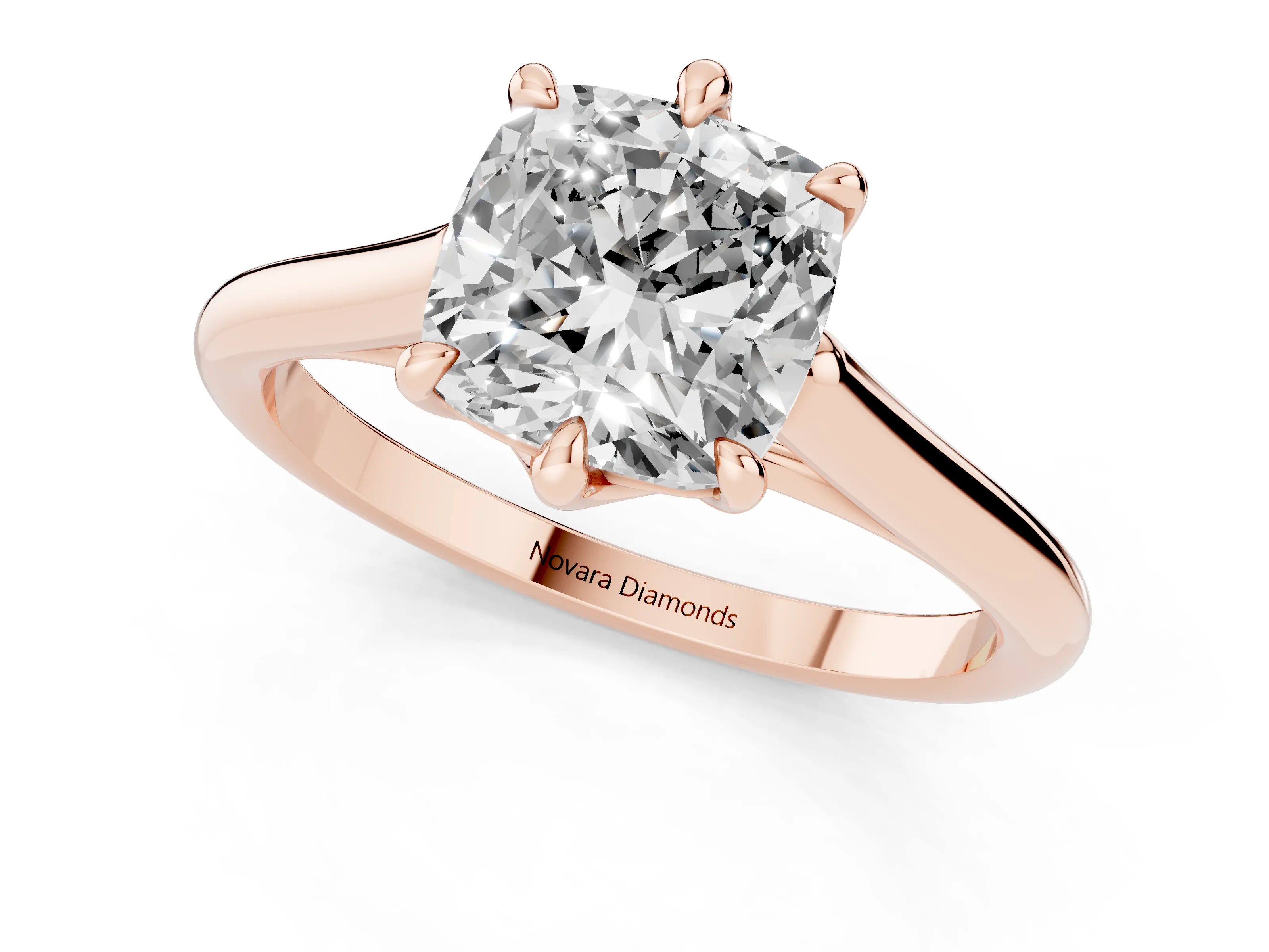 Cushion Cut Diamond Solitaire Engagement Ring Set in Rose gold with Prong Setting and Plain Classic Band