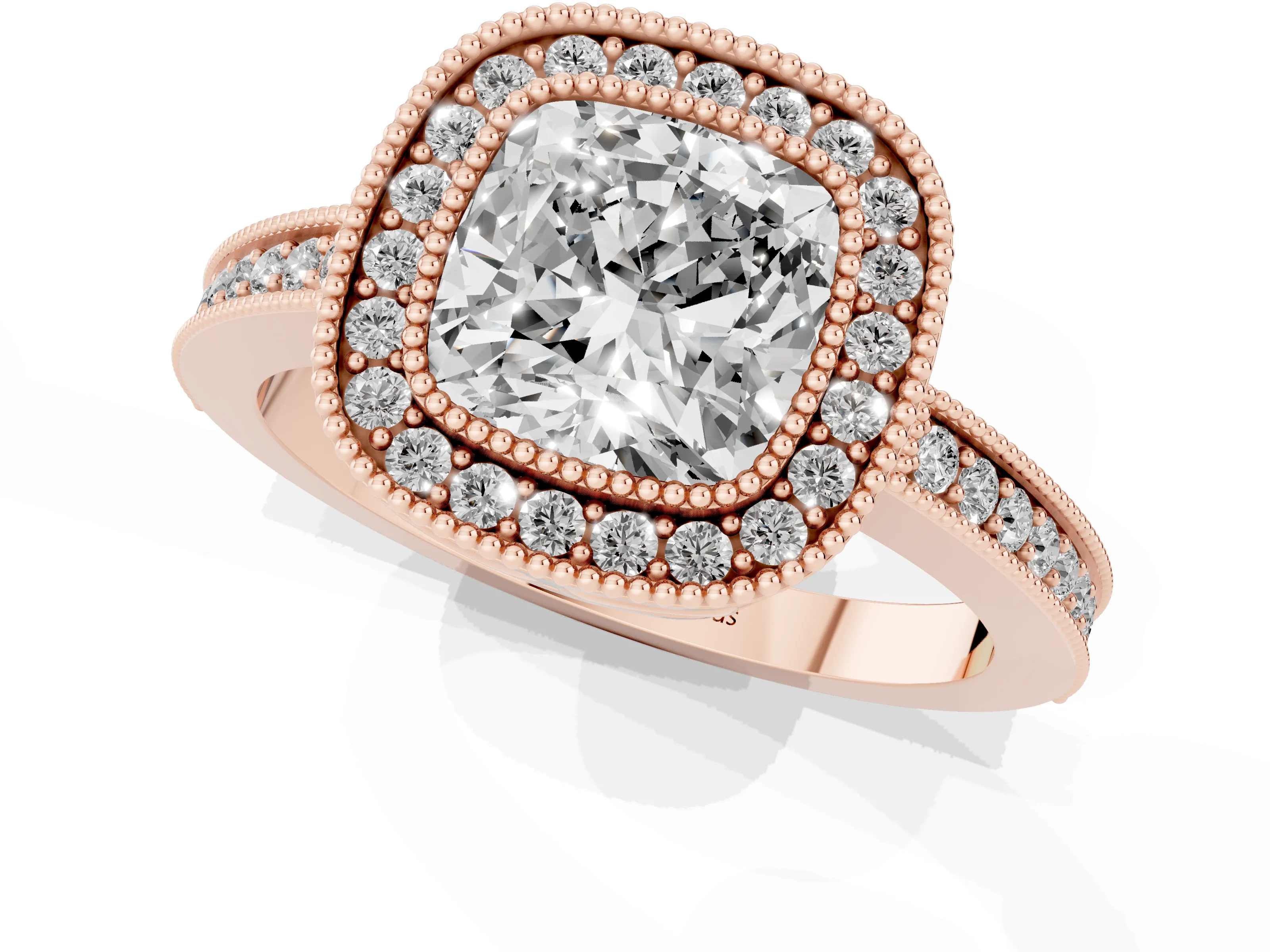 Cushion Cut Diamond Round Halo Ring Set in Rose gold with Pavé Band