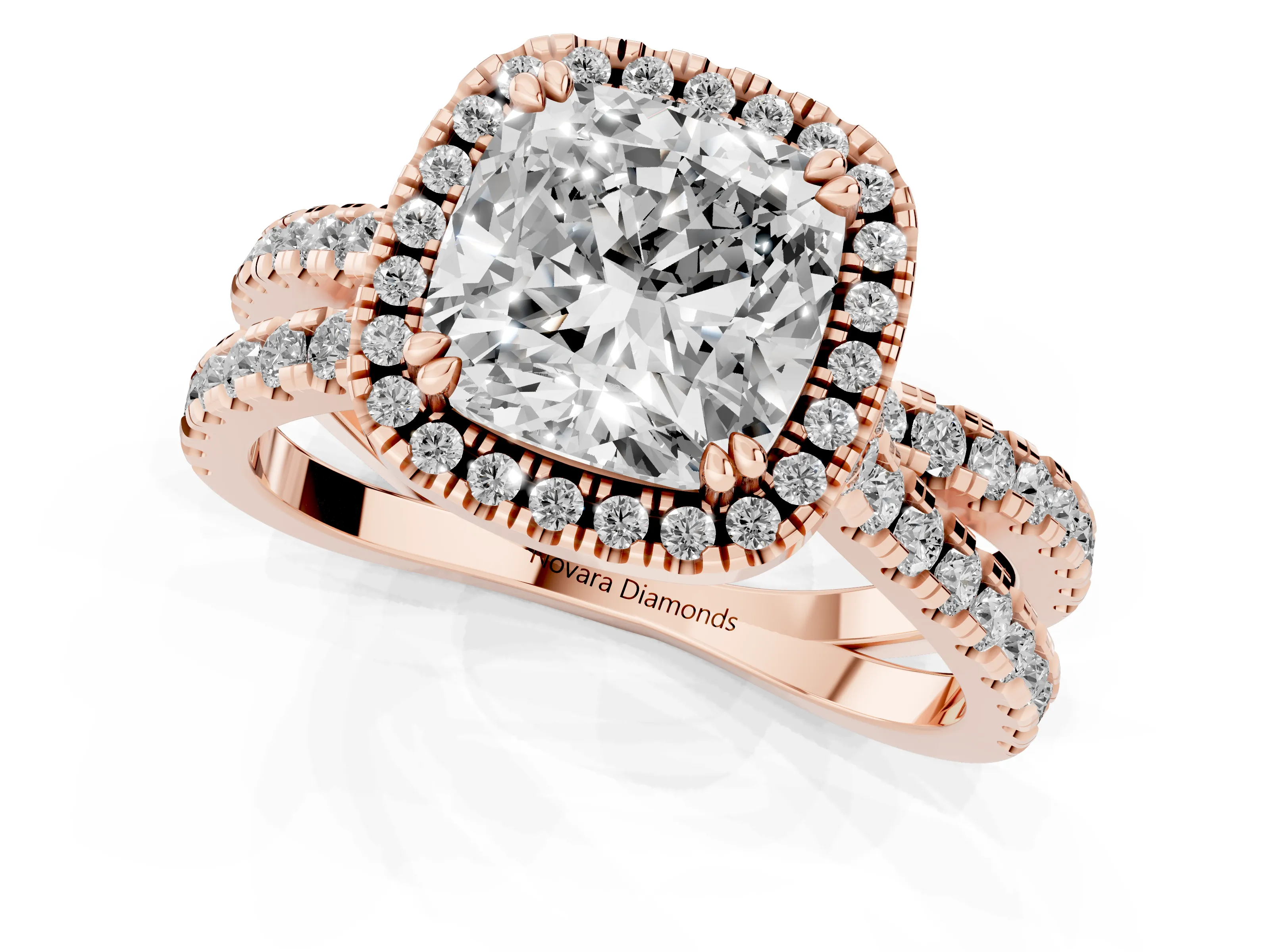 Cushion Cut Diamond Halo Split Shank Ring Set in Rose gold with Pavé Setting