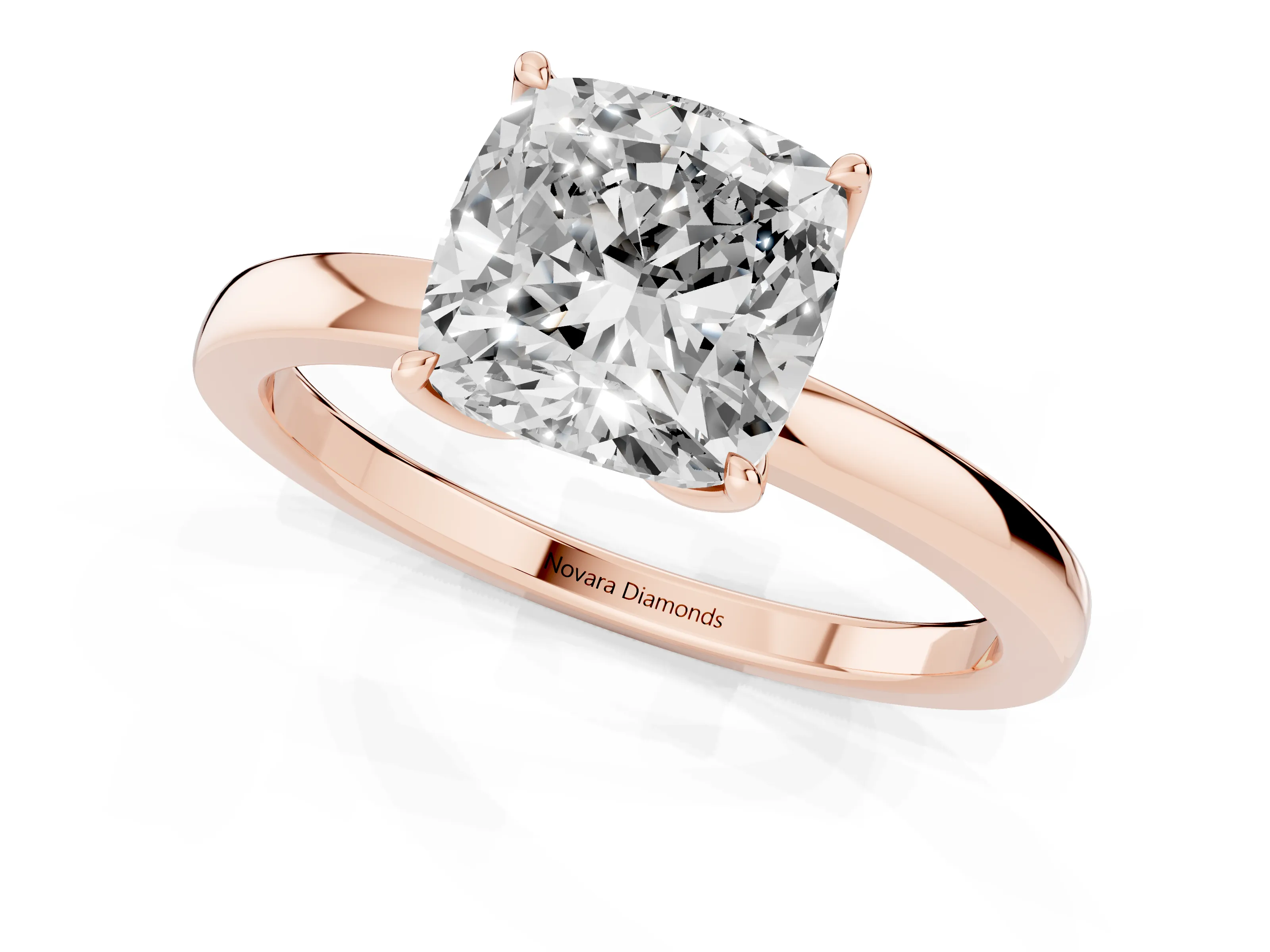 Cushion Cut Diamond Solitaire Ring Set in Rose gold with Prong Setting and Thin Polished Band