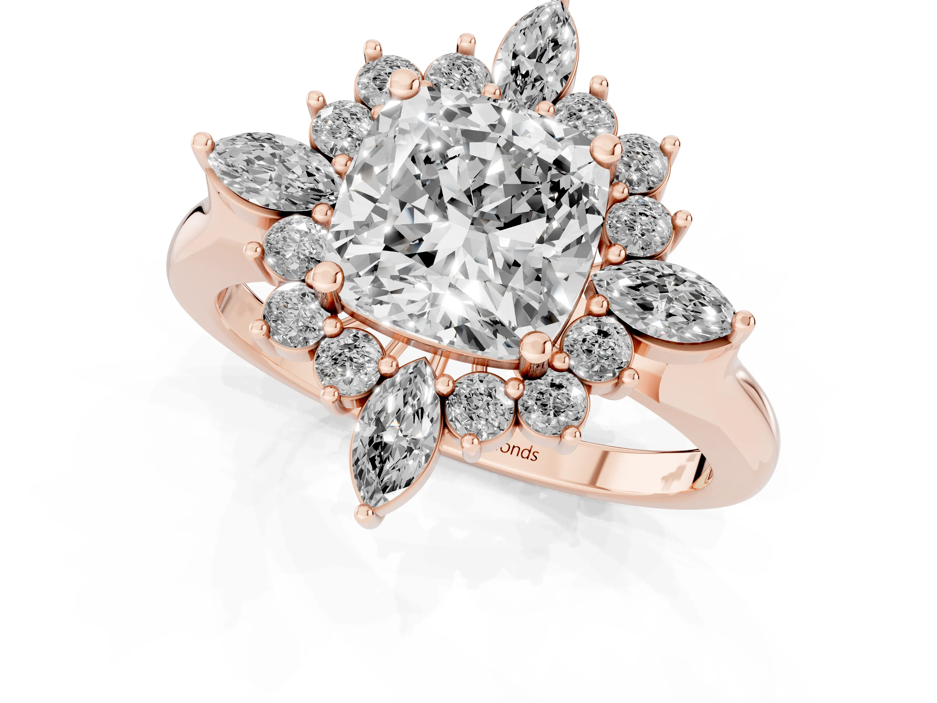 Cushion Cut Diamond Cluster Halo Ring Set in Rose gold with Marquise and Round Accents