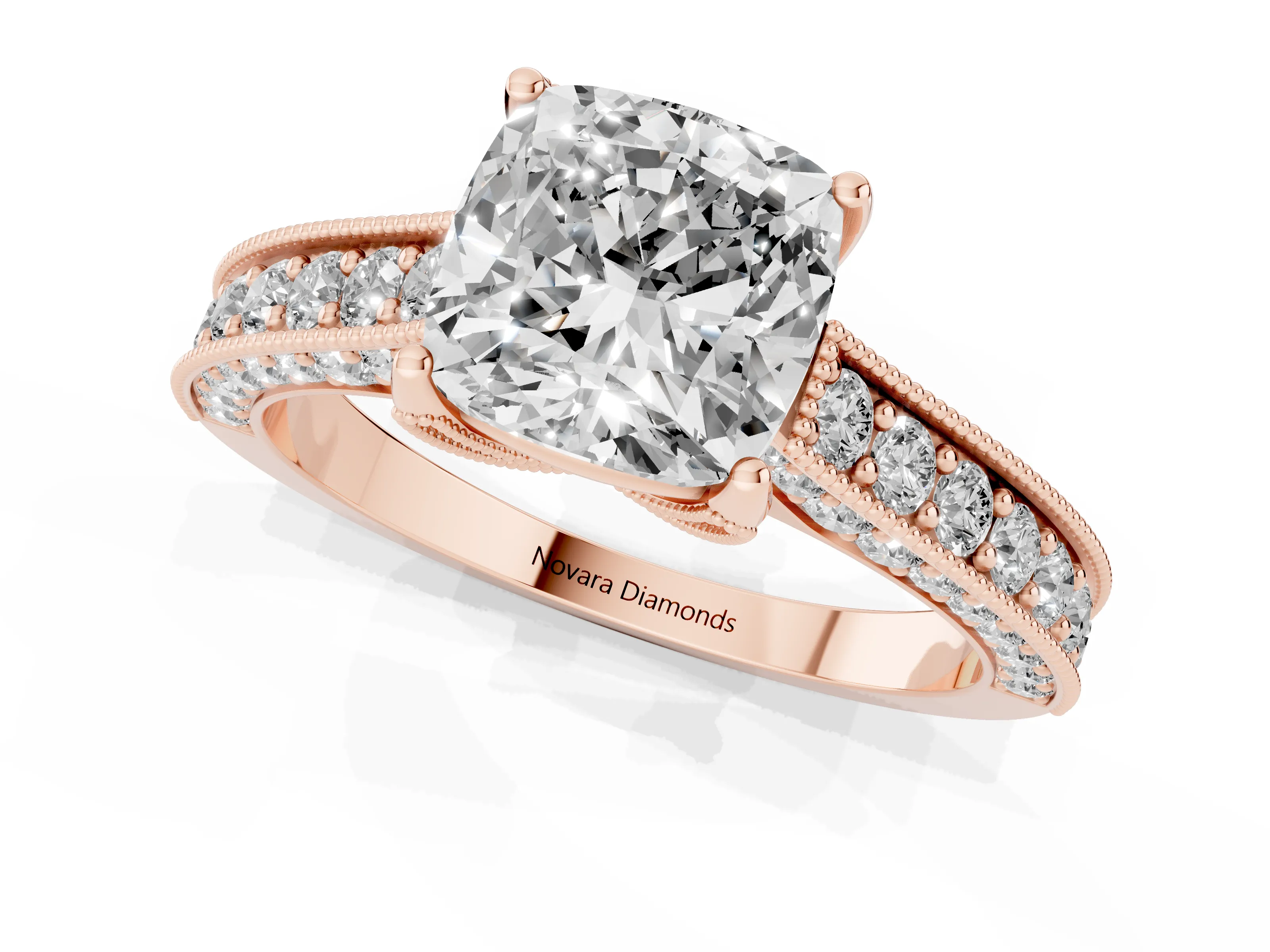 Cushion Cut Diamond Solitaire Ring Set in Rose gold with Milgrain-Edged Pavé Band and Prong Setting