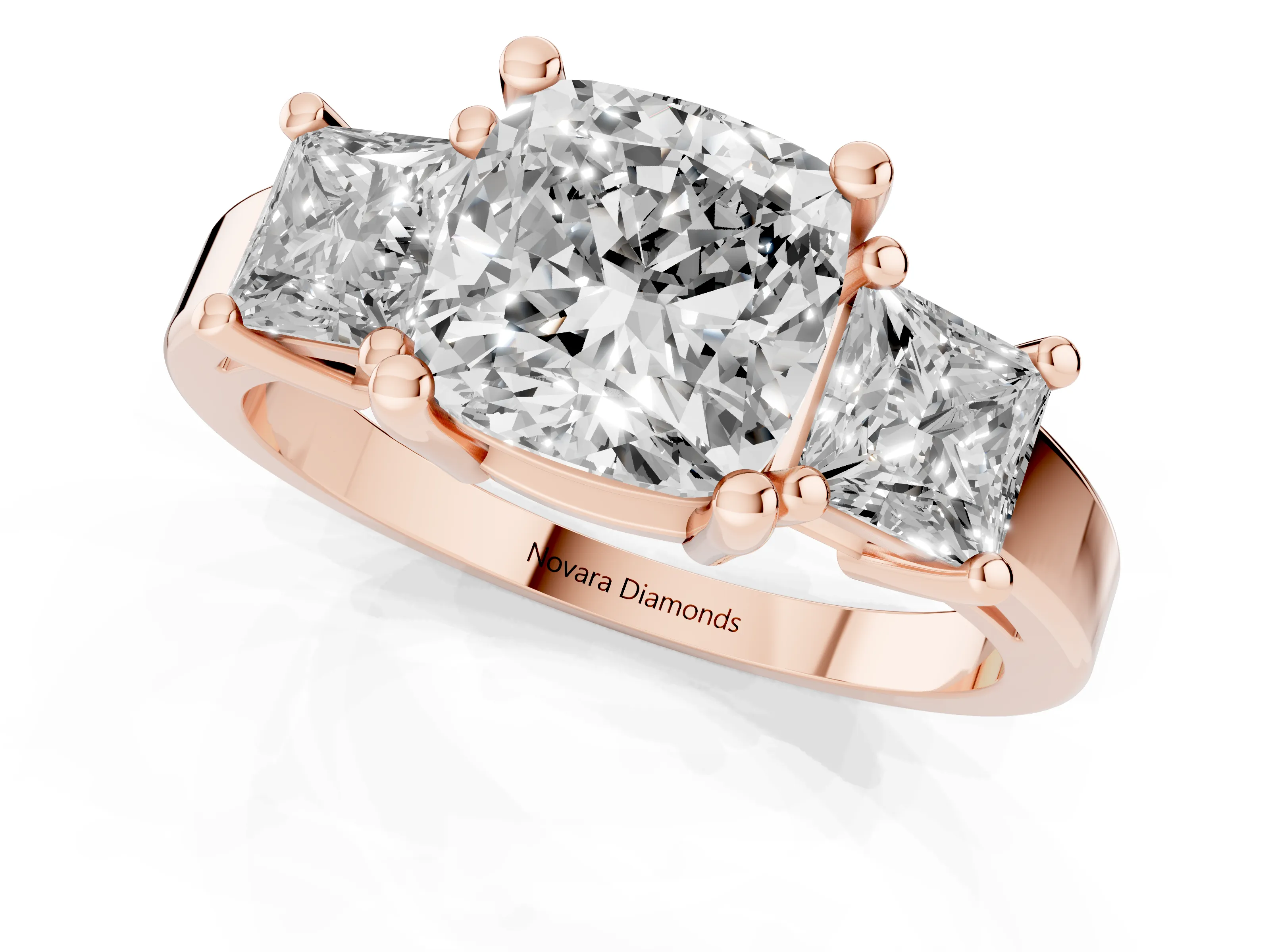 Three-Stone Cushion Cut Diamond Solitaire Ring Set in Rose gold with Prong Setting