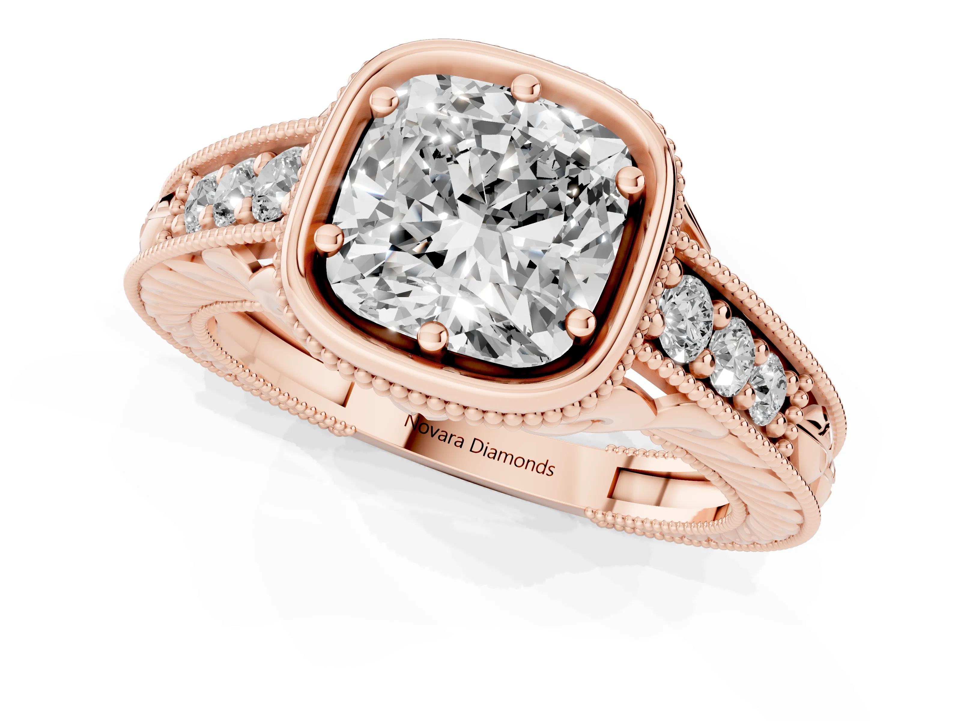 Bezel Set Cushion Cut Diamond Milgrain Pavé Engagement Ring Set in Rose gold