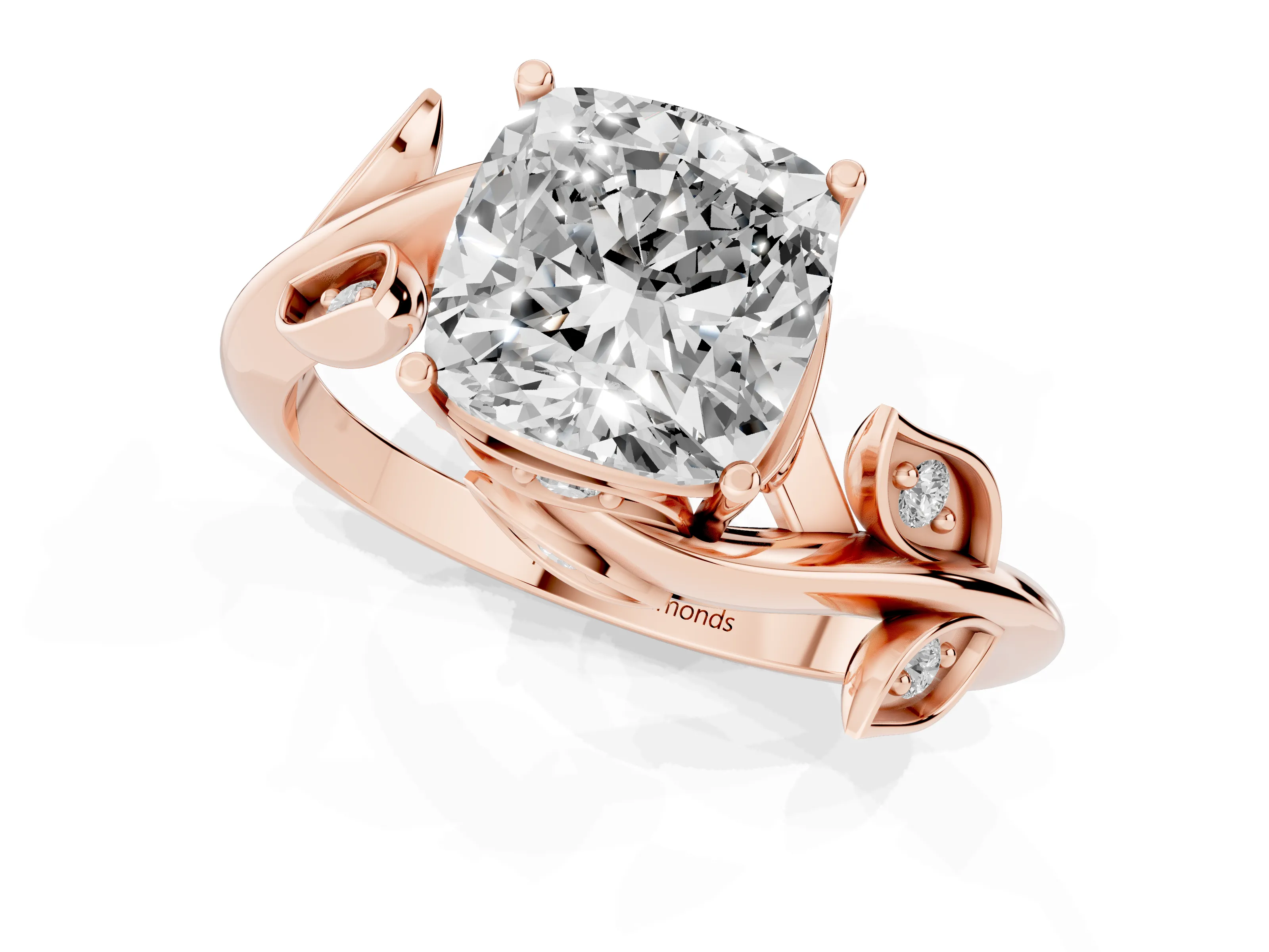 Cushion Cut Diamond Solitaire Twist Engagement Ring Set in Rose gold with Pavé Leaf Accents