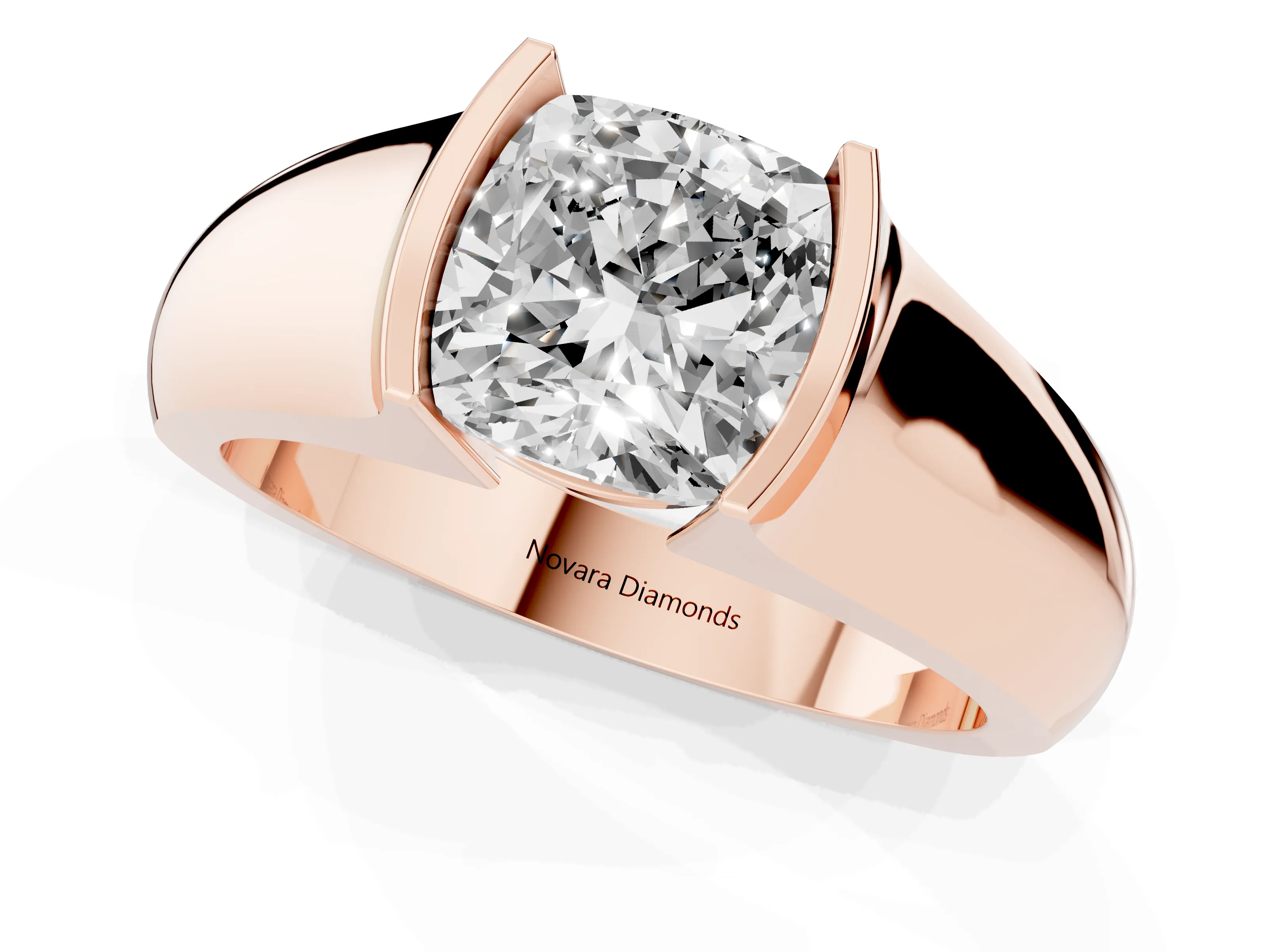 Cushion Cut Diamond Bezel Solitaire Ring Set in Rose gold with Wide Band