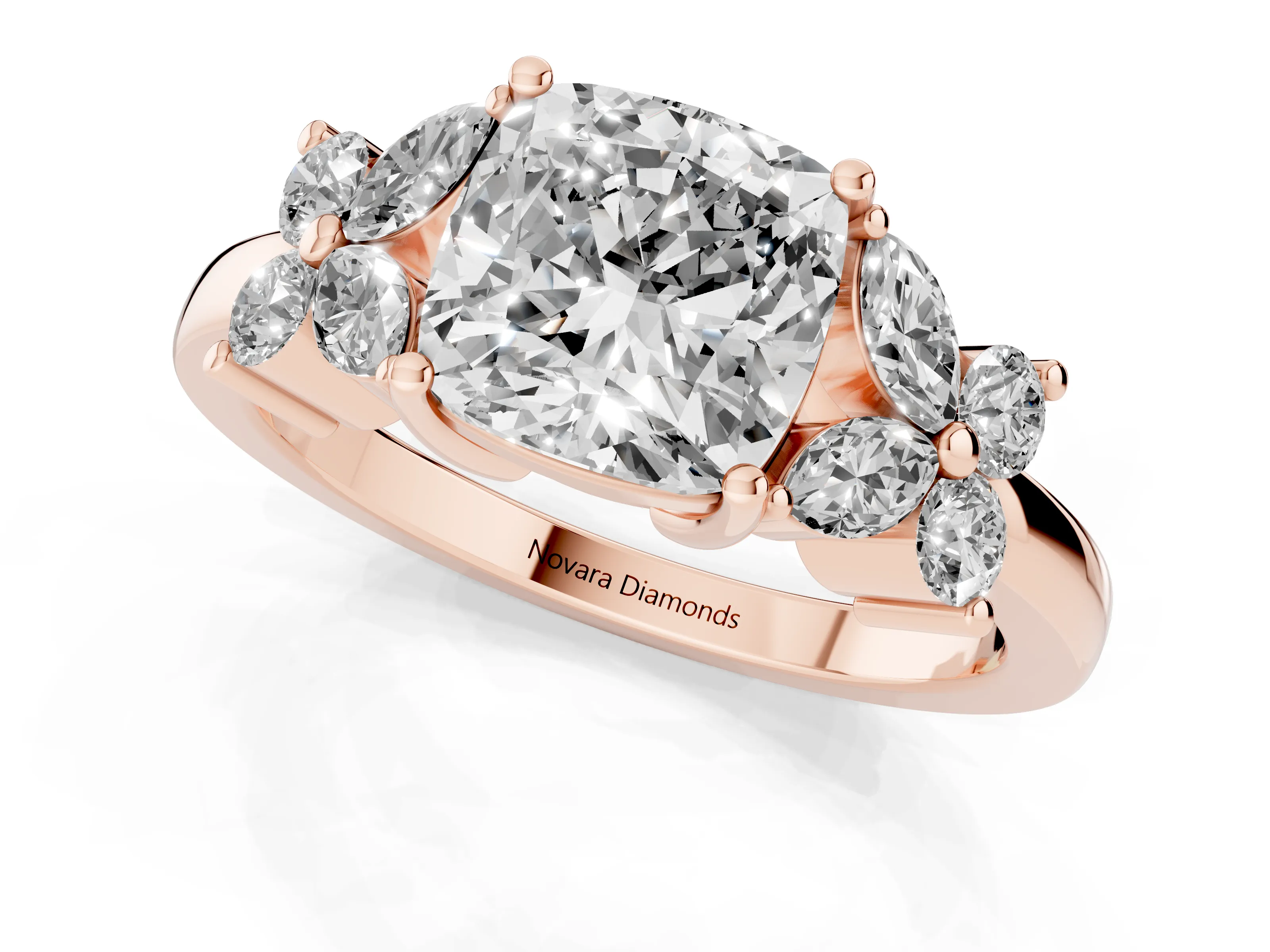 Cushion Cut Diamond Floral Cluster Ring Set in Rose gold with Marquise Petals and Prong Setting