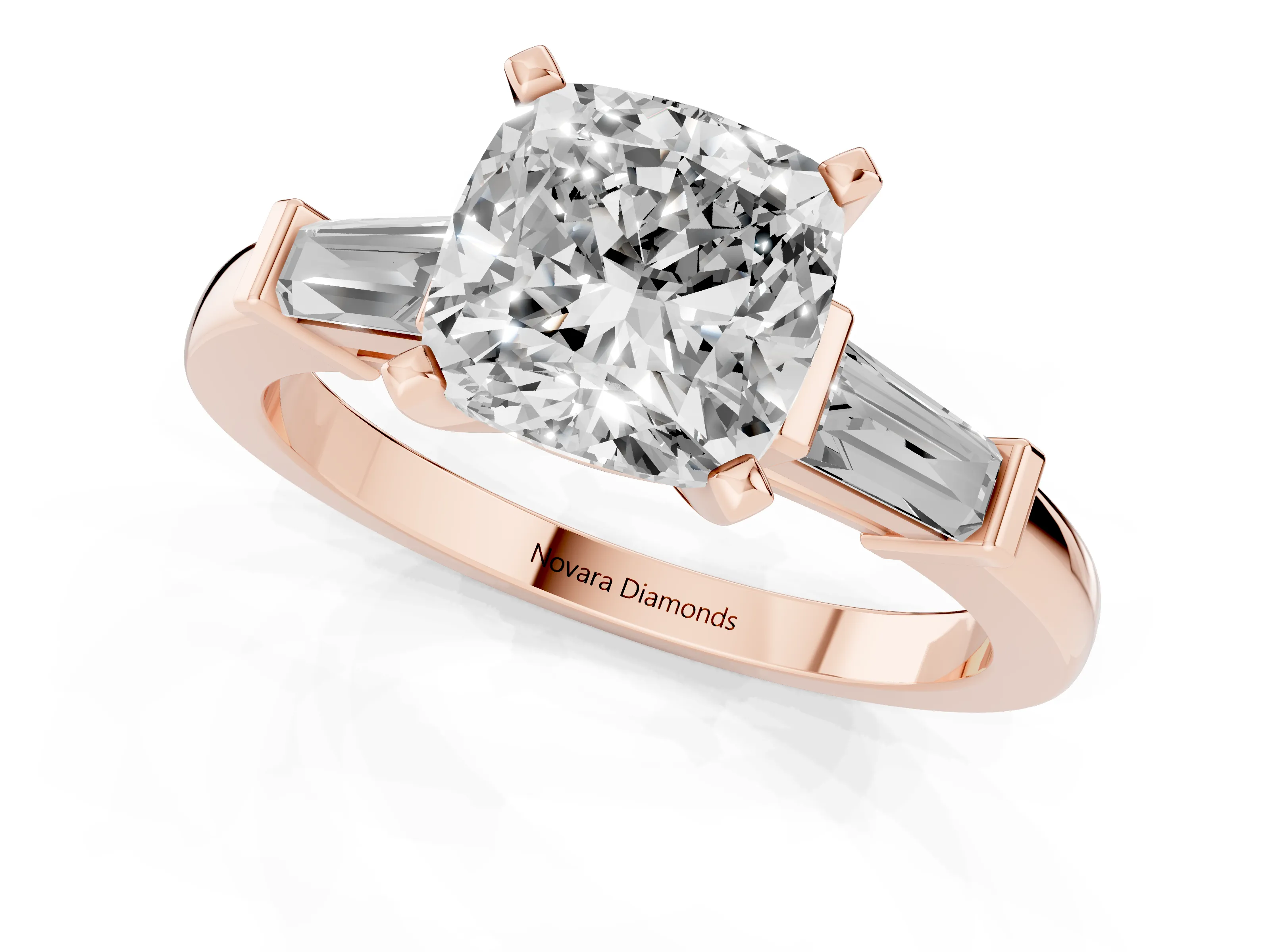 Cushion Cut Diamond Solitaire Ring Set in Rose gold with Tapered Baguette Accents and Prong Setting