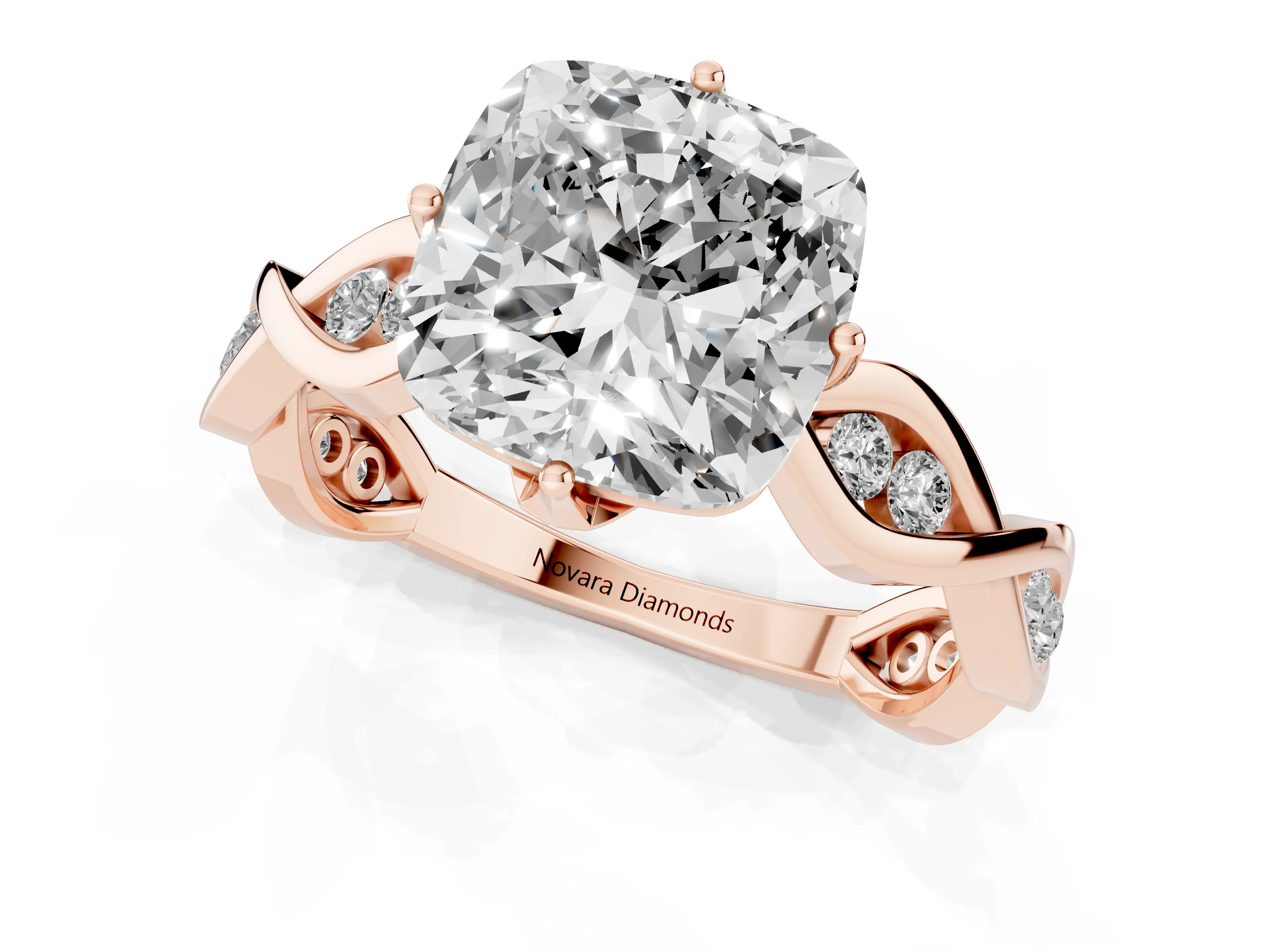 Cushion Cut Diamond Twist Band Solitaire Ring Set in Rose gold with Leaf Prong Setting and Accent Stones