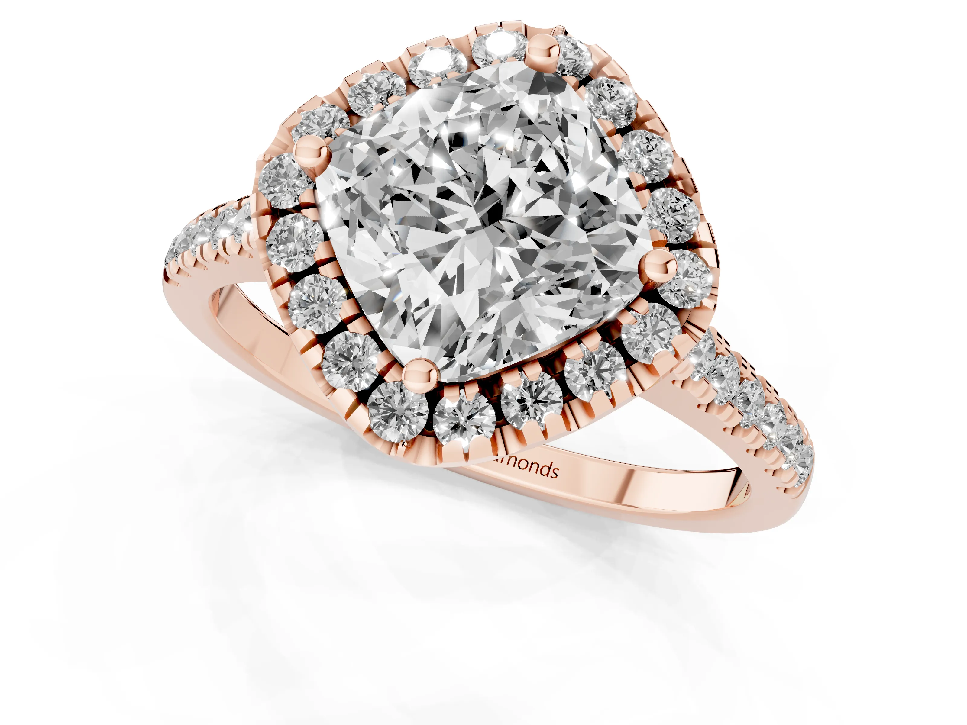 Cushion Cut Diamond Cushion Halo Ring Set in Rose gold with Pavé Band